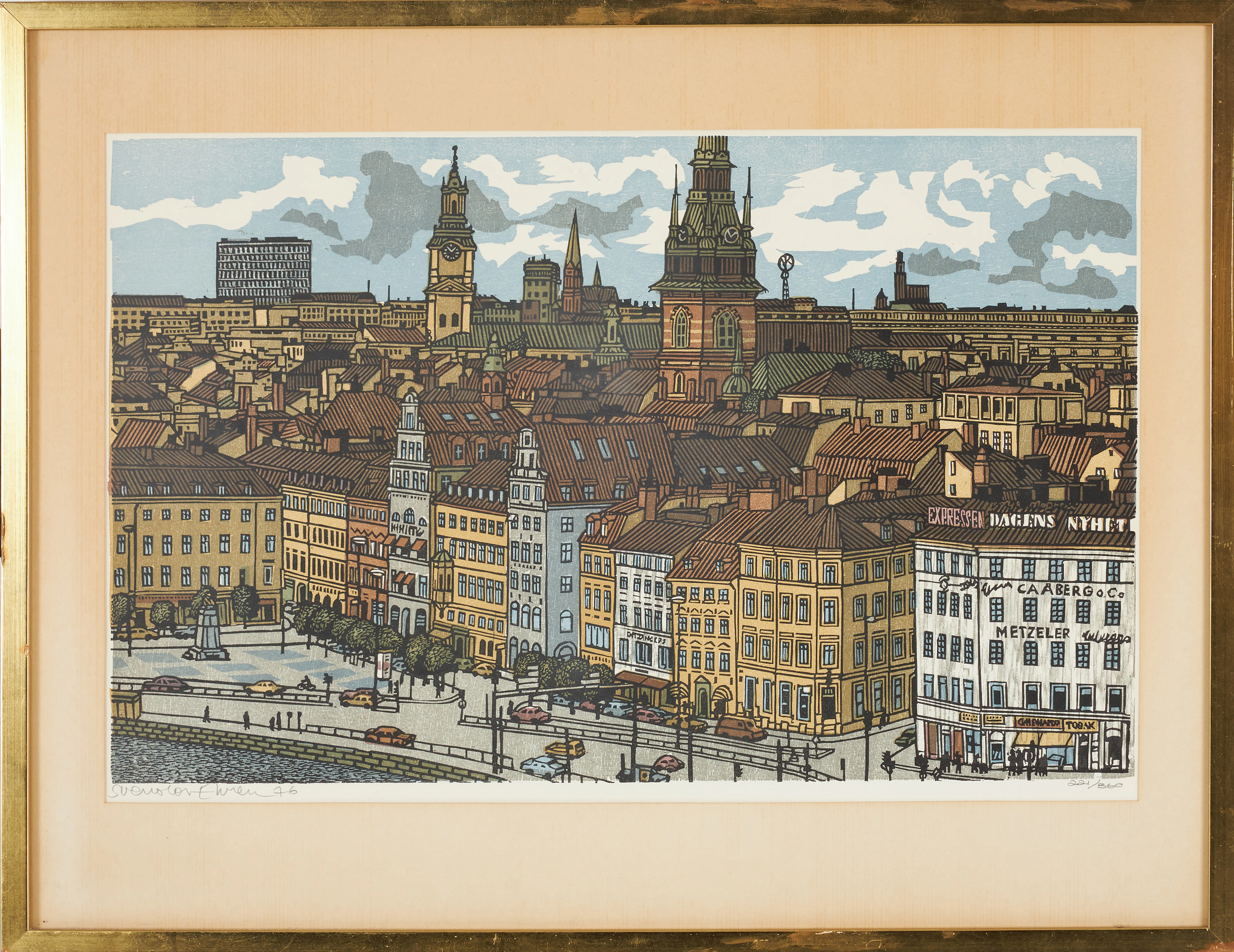 SVENOLOV EHRÉN. Gamla stan, träsnitt, signerad, daterad 76 och numrerad
