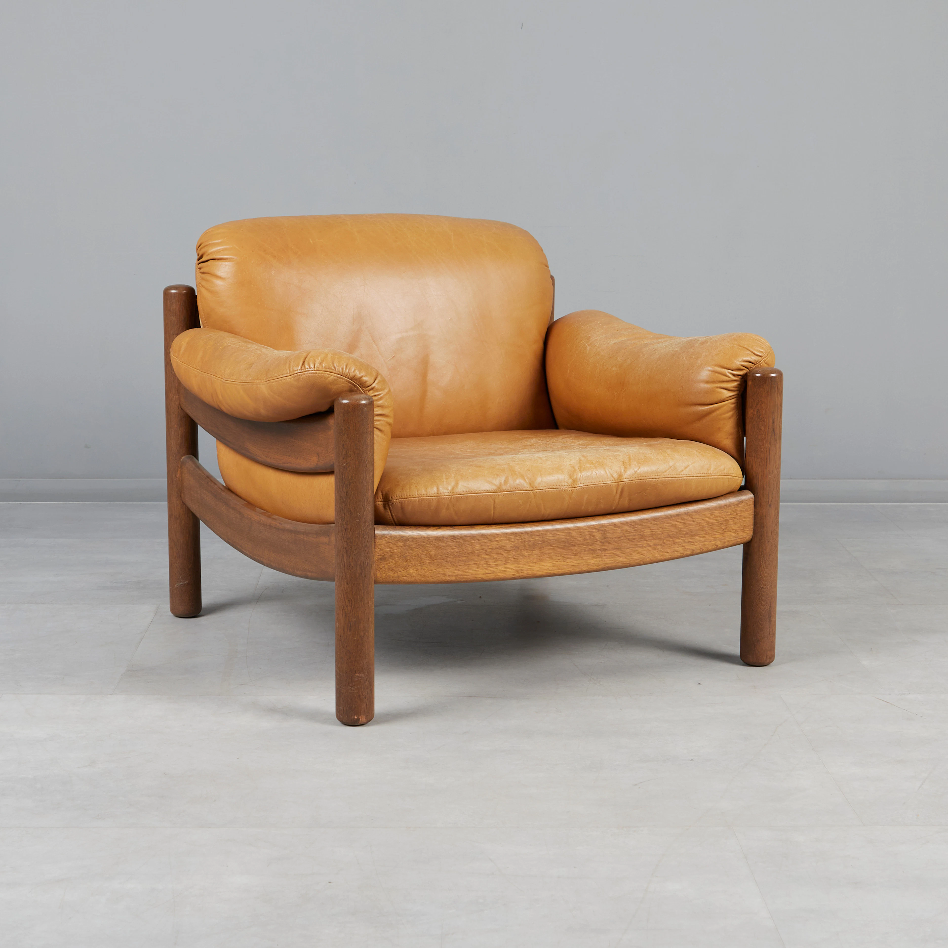 Brutalistischer Sessel / Lounge Chair, Eiche, Leder, 1970er Jahre, Deutschland.