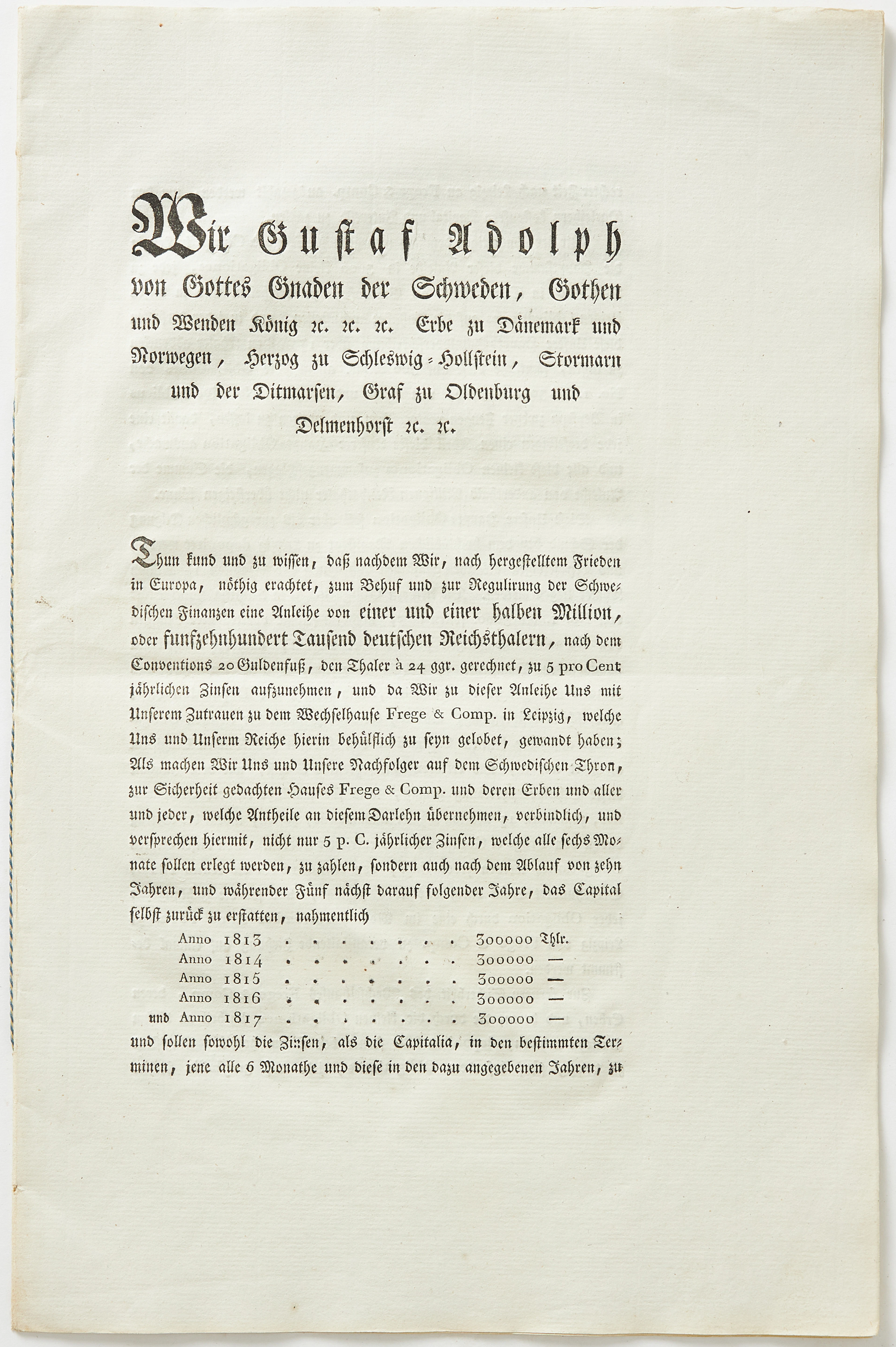 ROYAL SWEDISH BOND - GUSTAF ADOLPH IV OF SWEDEN, 1802.