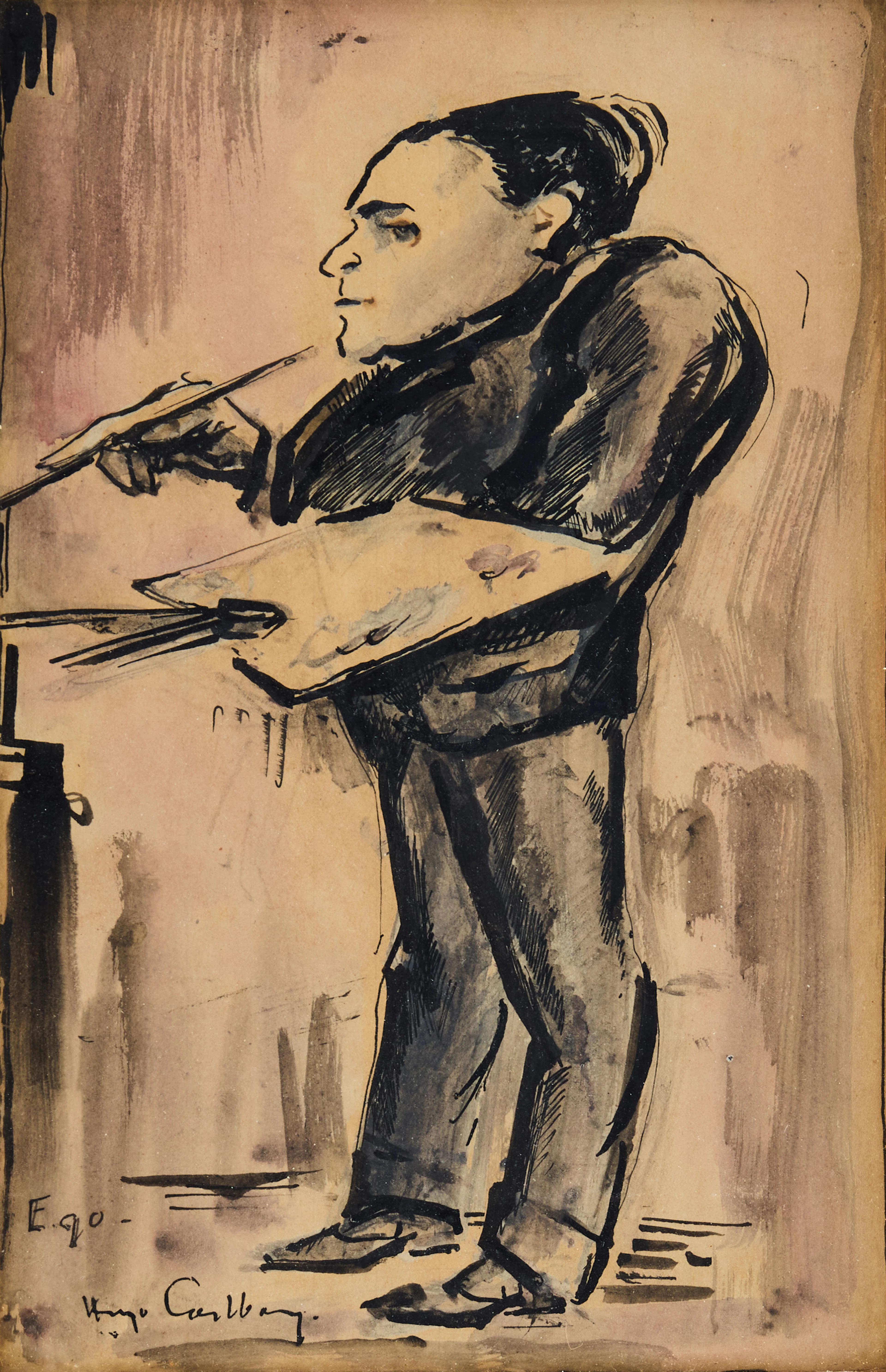HUGO CARLBERG. ”Ego” (Självporträtt med palett och penslar).