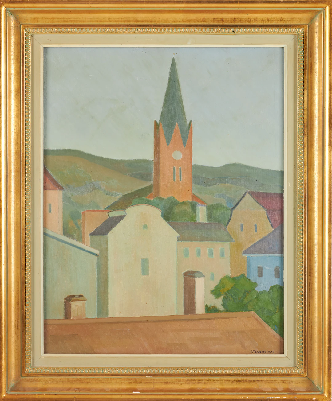 INGMAR TEGENGREN (1906-1984). Stadsvy med kyrka, olja på duk, signerad.
