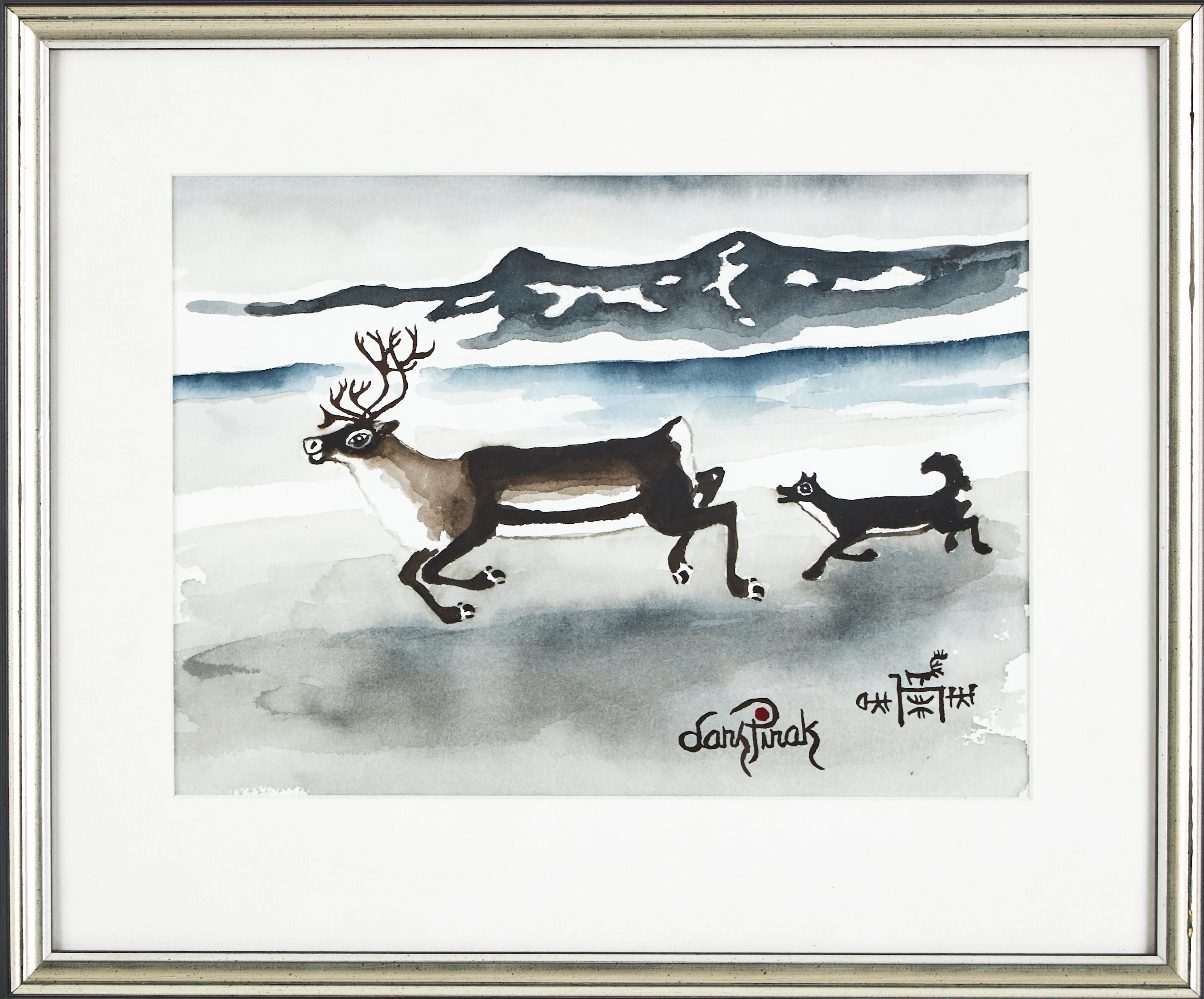LARS PIRAK. Motiv med ren och hund, akvarell, signerad.