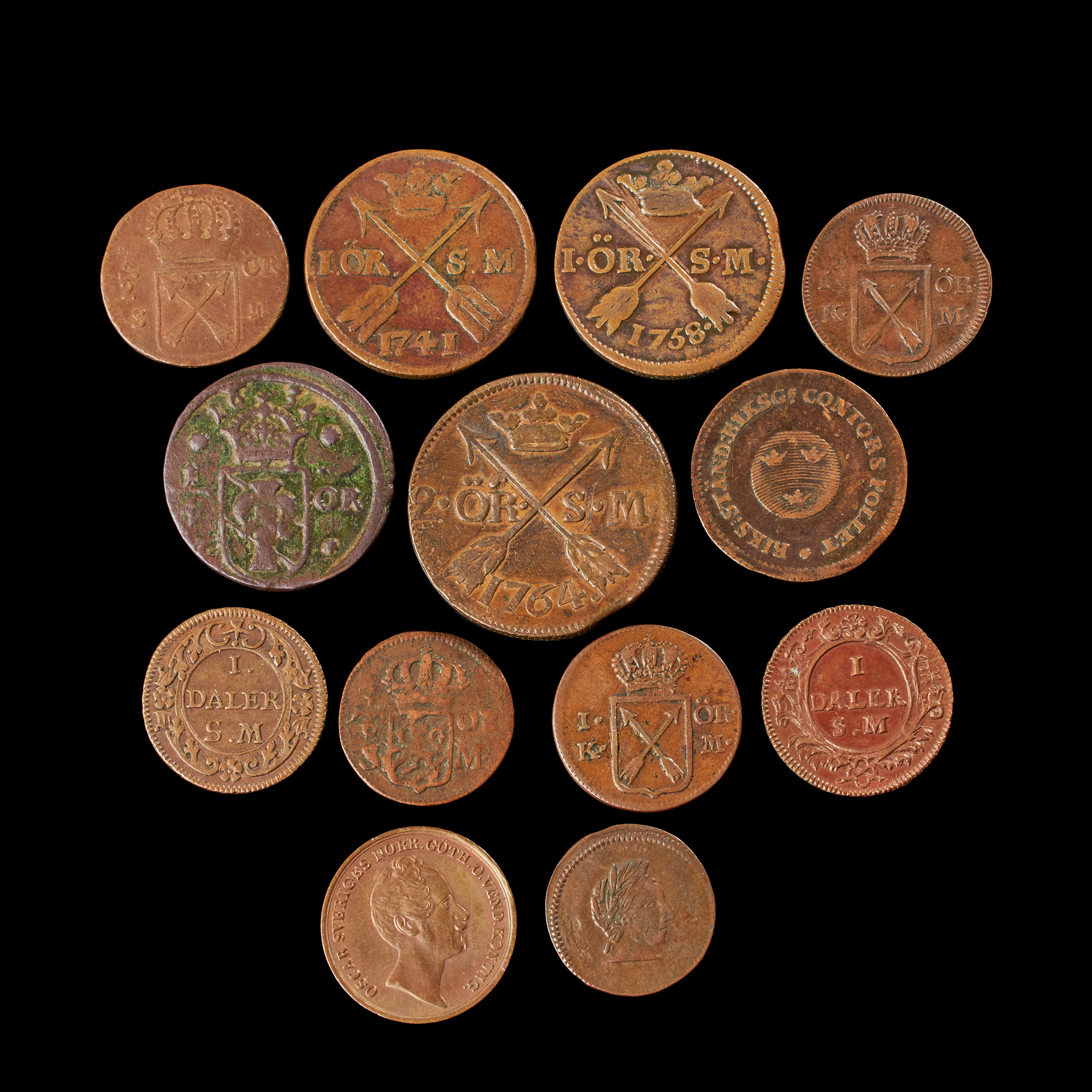 KOPPARMYNT, 13 st, Sverige 1600-1800-tal.