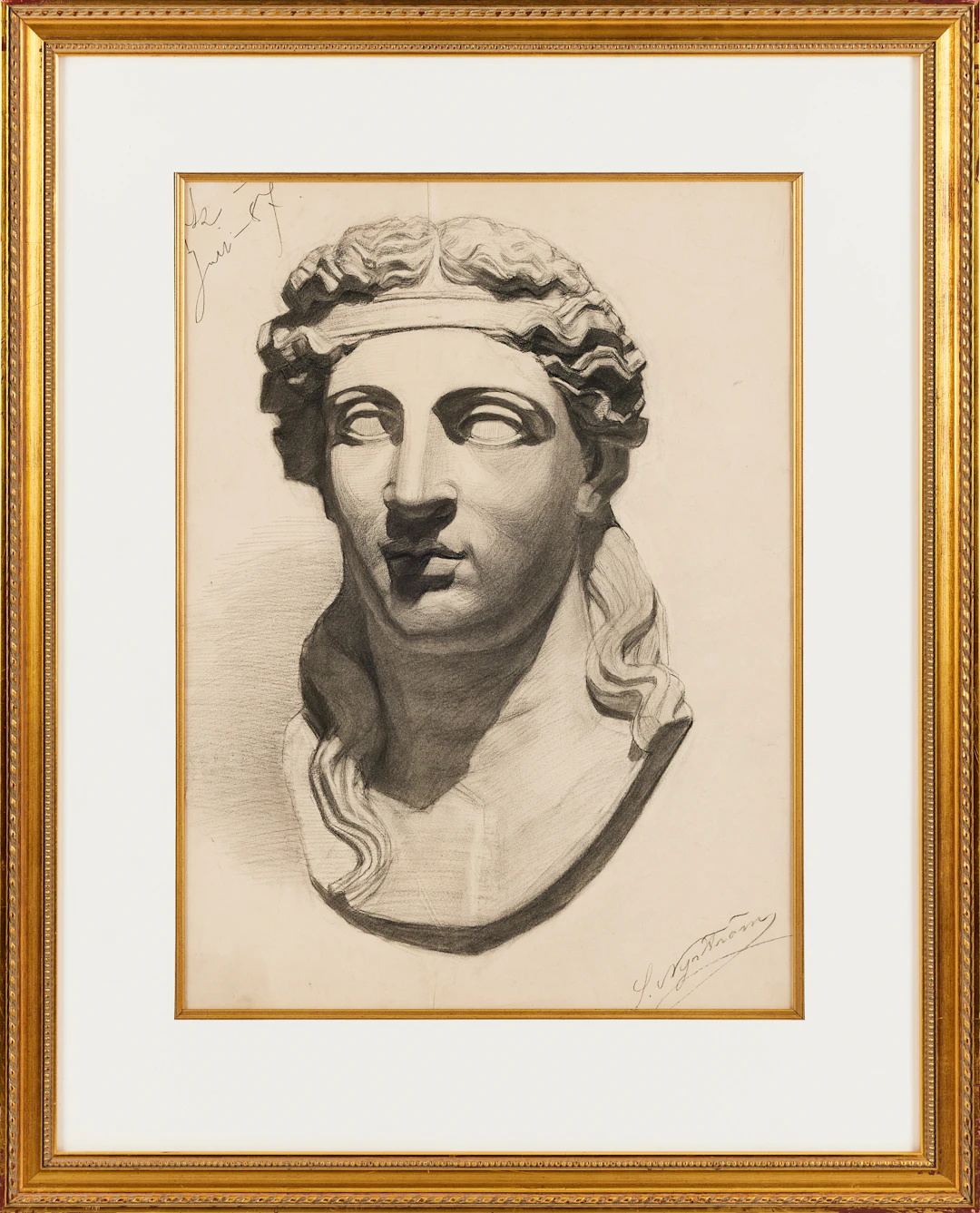 JENNY NYSTRÖM (1854-1946). Porträttstudie av klassisk figur, kolteckning.