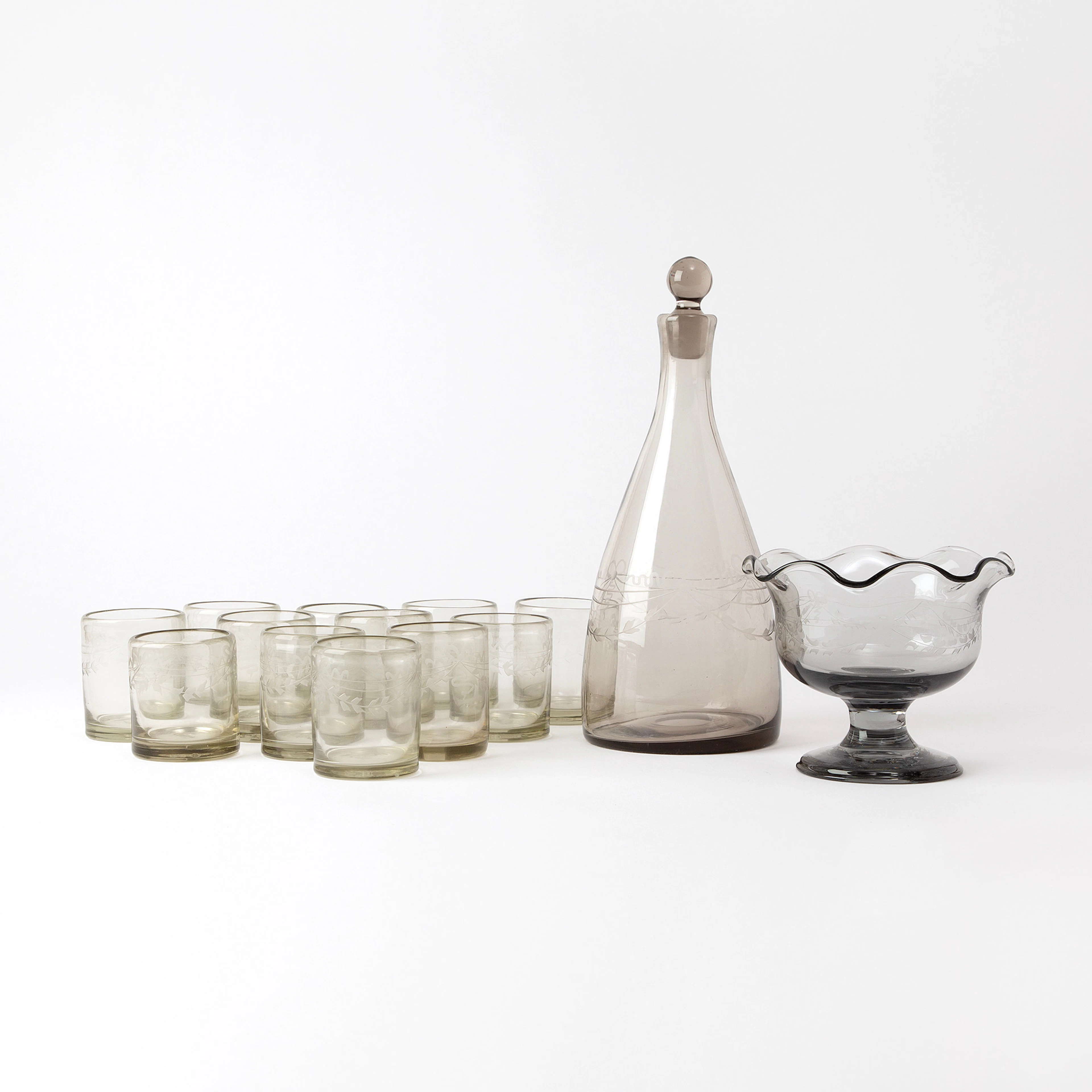 SELTERGLAS, 12 samt KARAFF och SKÅL, "antik", Reijmyre Glasbruk.