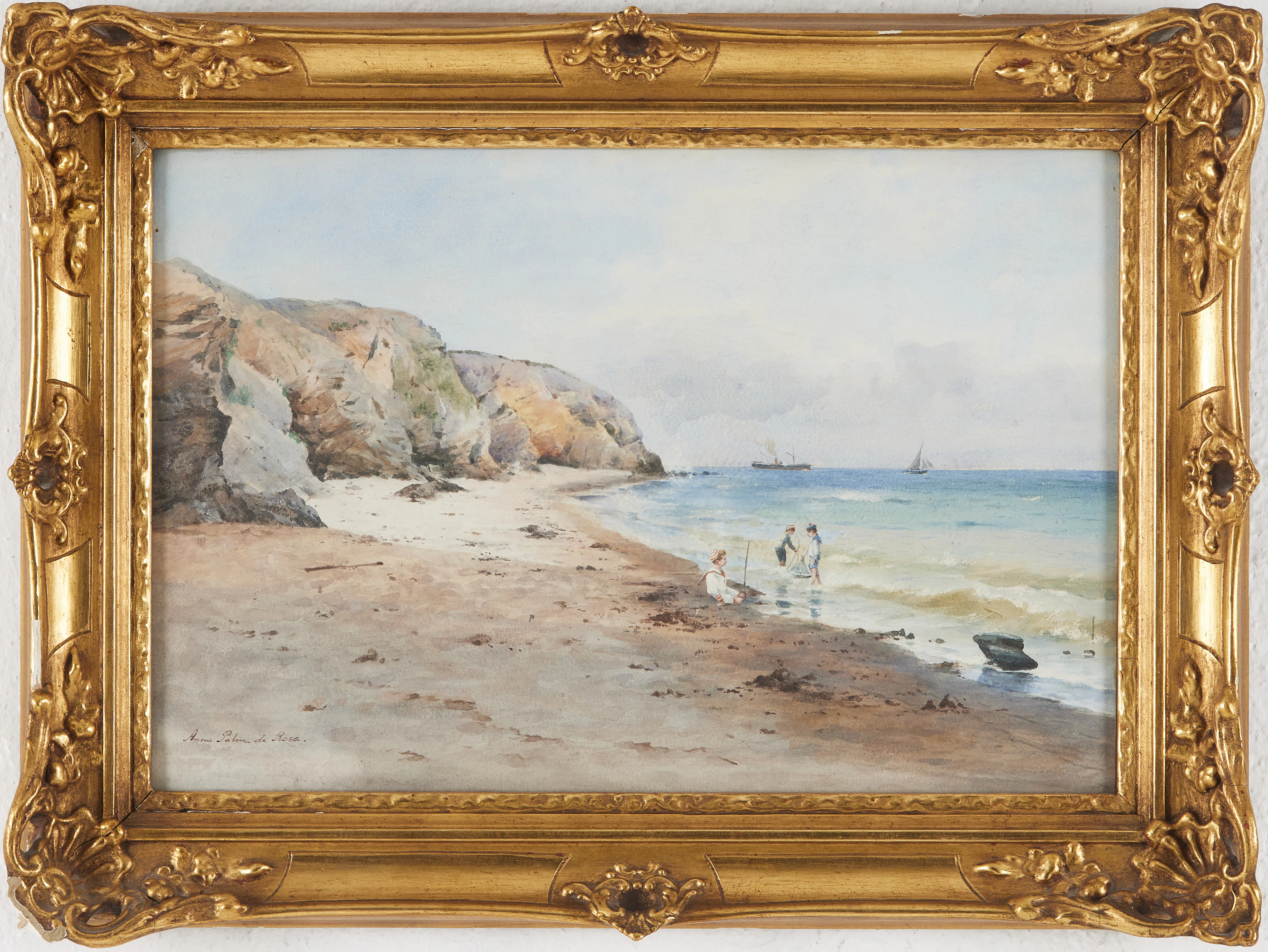 ANNA PALM DE ROSA. Lekande barn vid strandkant, akvarell, signerad.