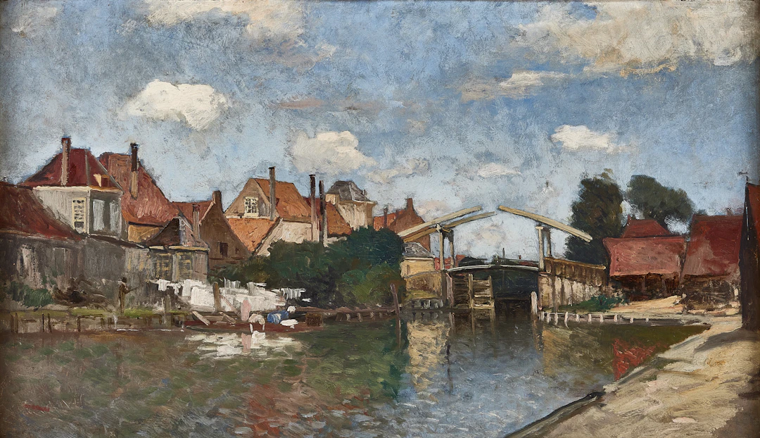 CARL SKÅNBERG. Stadsbild med bro.