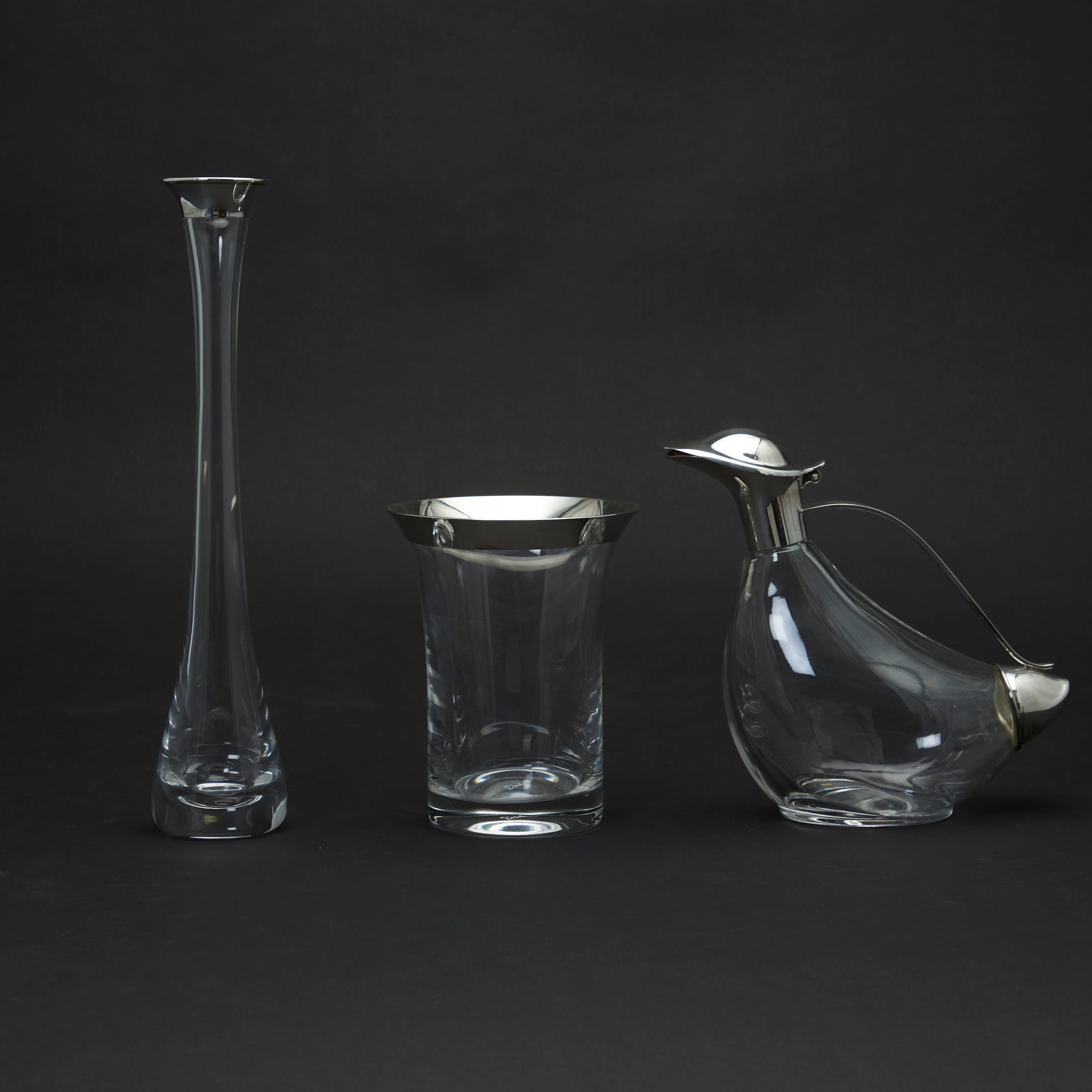 EISCH U.A. Paar Vasen und eine 'Kalte Ente', Glas, Silber, 2. Hälfte