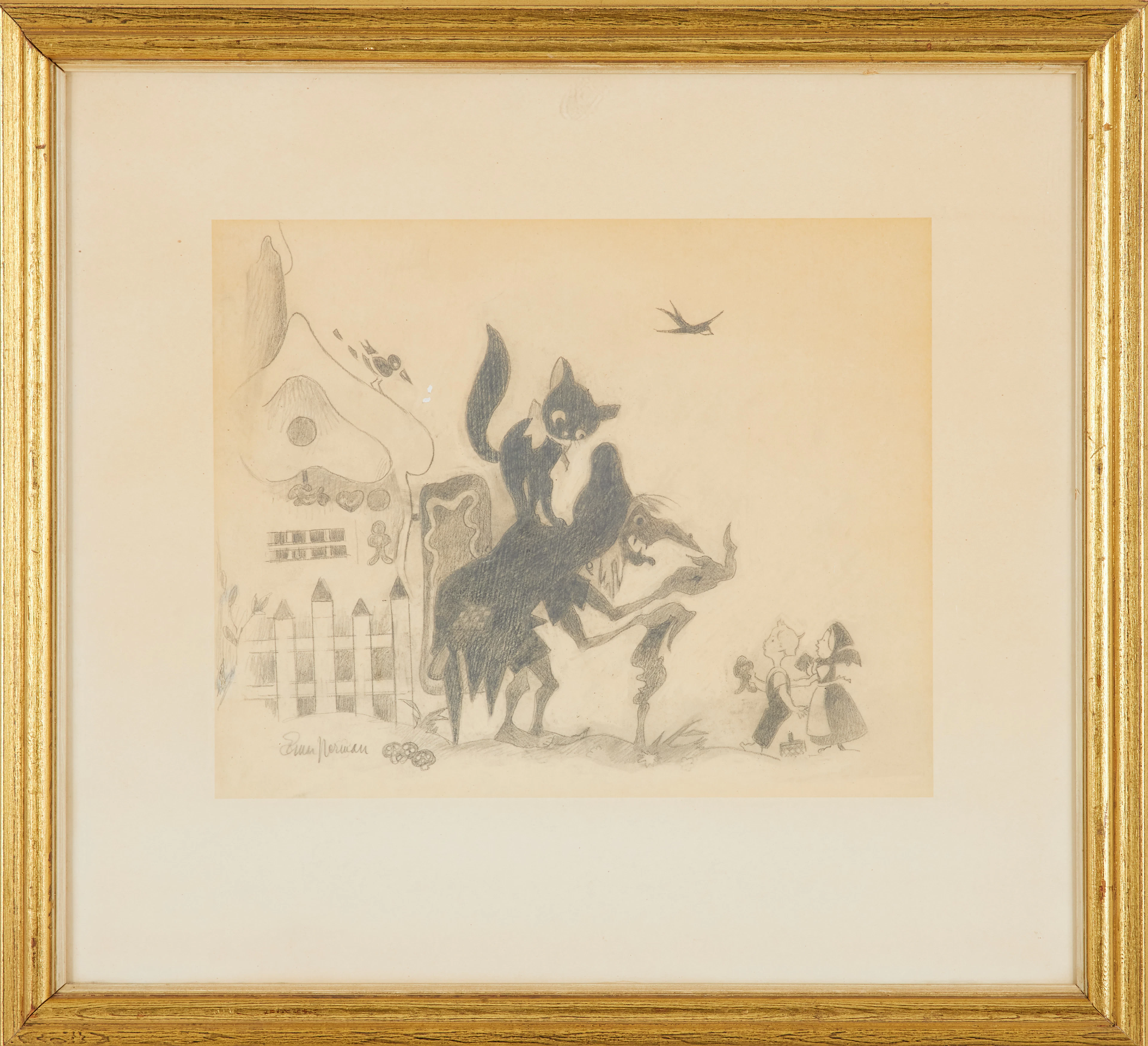 EINAR NERMAN. Illustration till Hans & Greta, blyerts, täckvitt, signerad.