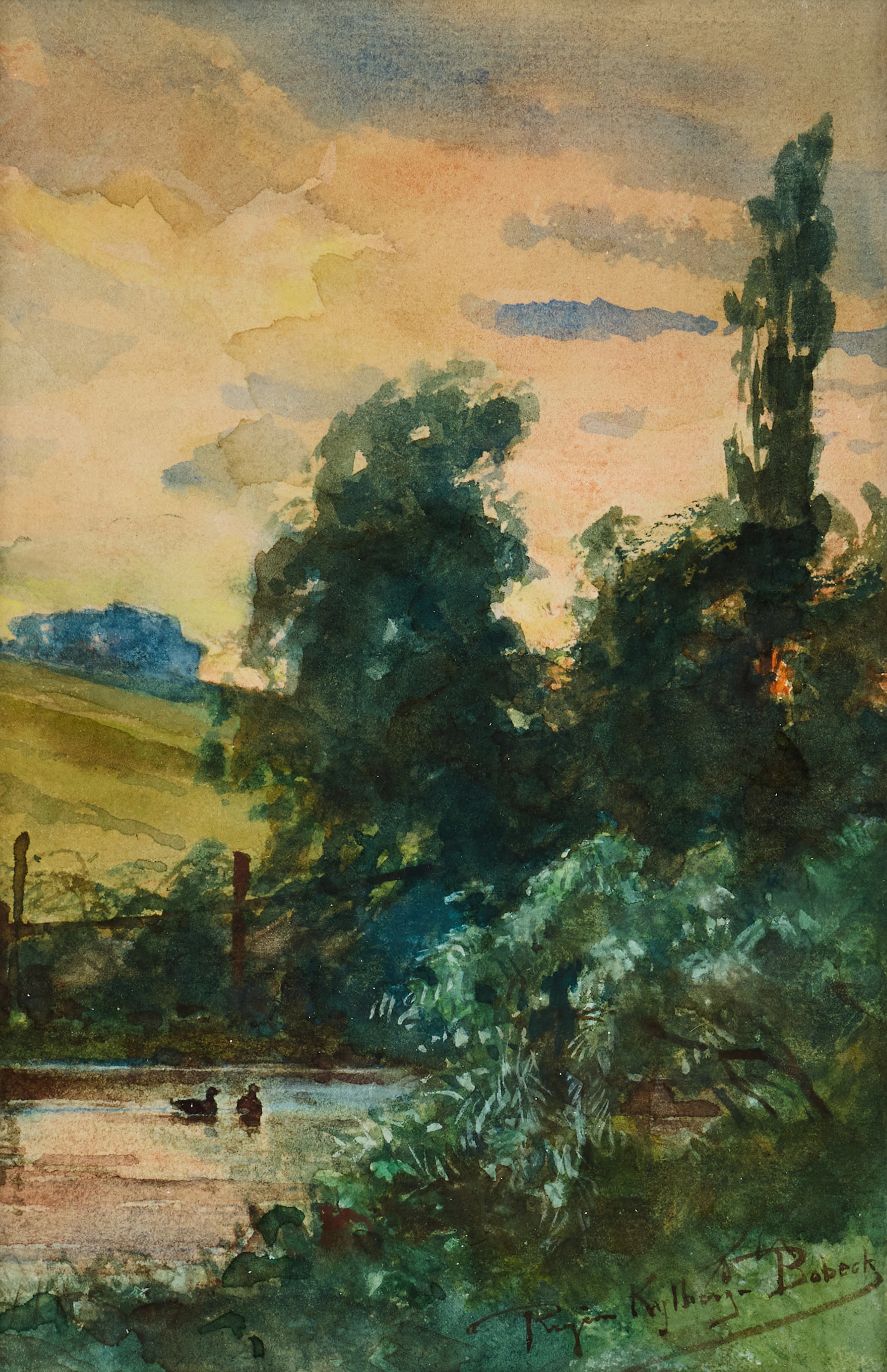 REGINA KYLBERG-BOBECK (1843-1913). Solnedgång vid strandkanten.