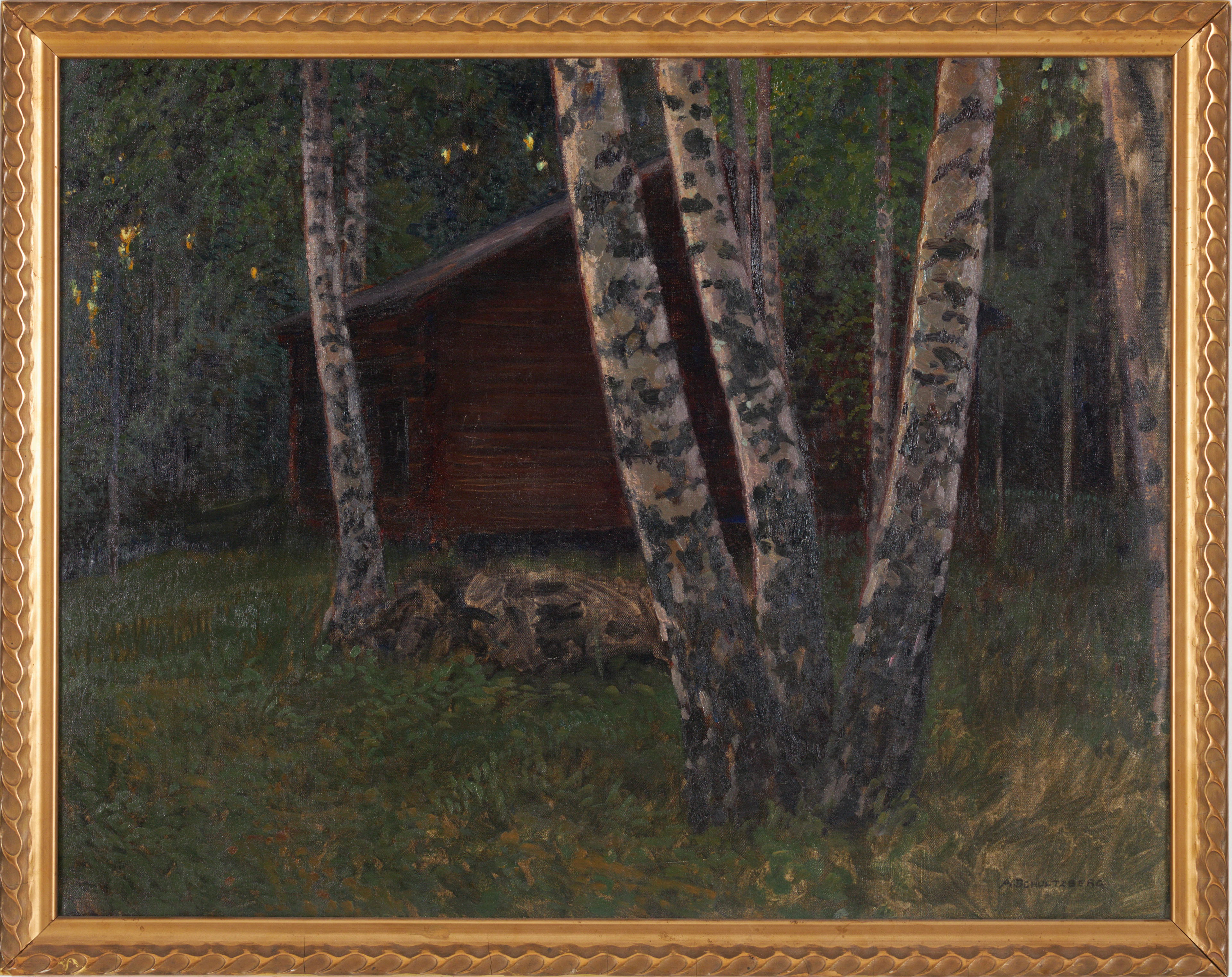 ANSHELM SCHULTZBERG. Björkstammar skymning, olja på duk, signerad.