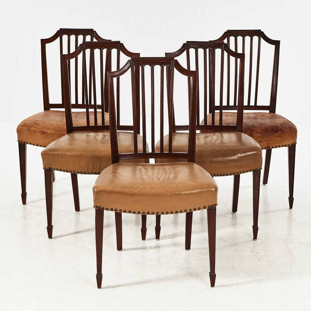 STOLAR, 5 st., 1800-tal, England, mahogny, skinnklädda.