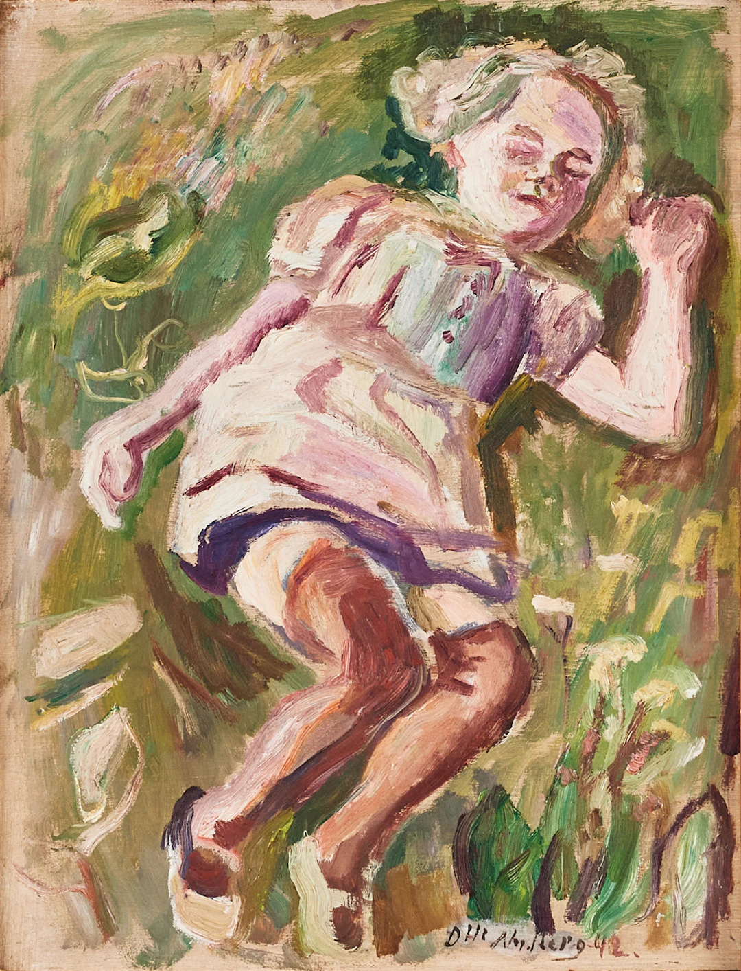 OLLE NORDBERG (1905-1986). (2) Sovande barn, olja på pannå.
