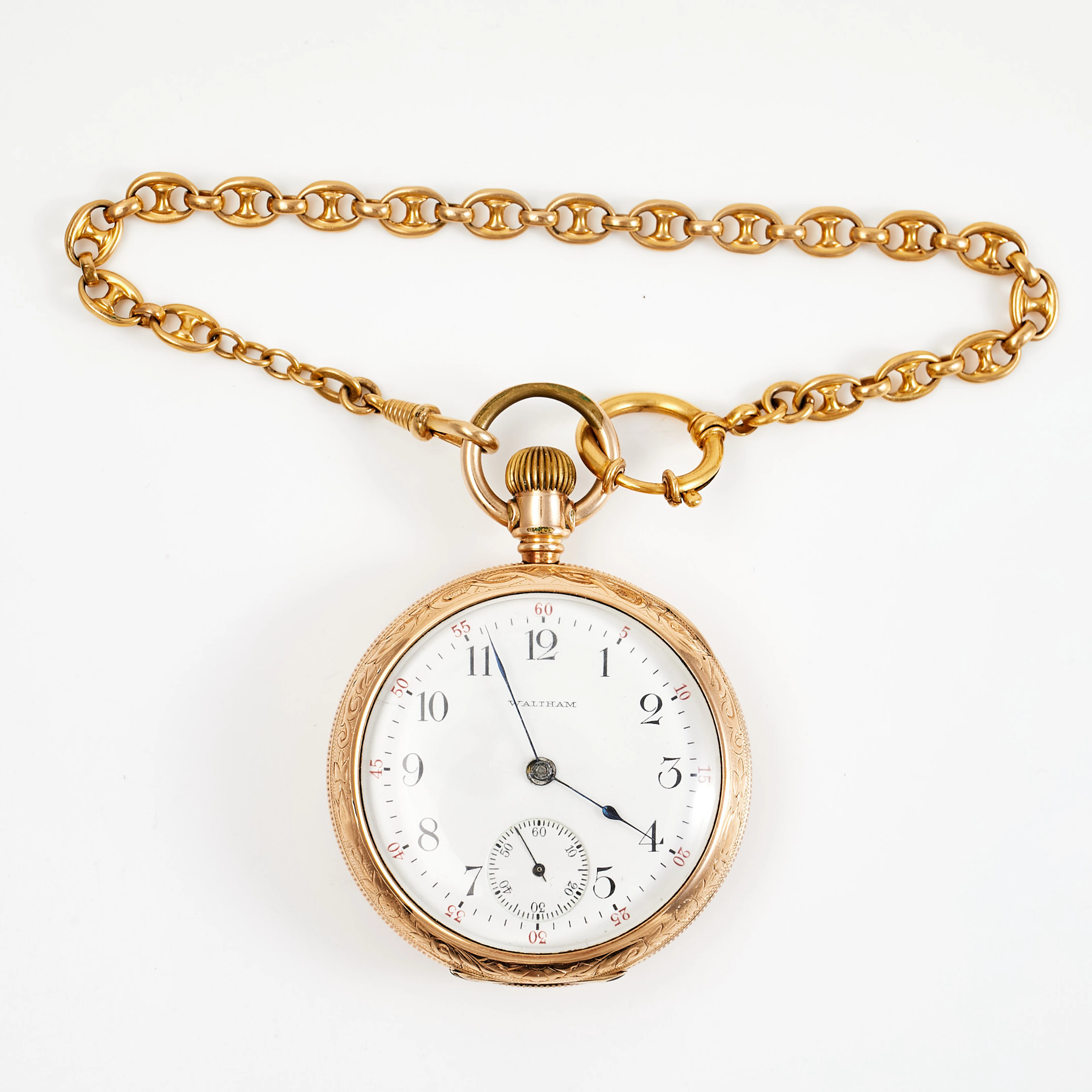 WALTHAM WATCH CO., fickur, guldpläterad, ca 54 mm, ca 1882, klockkedja