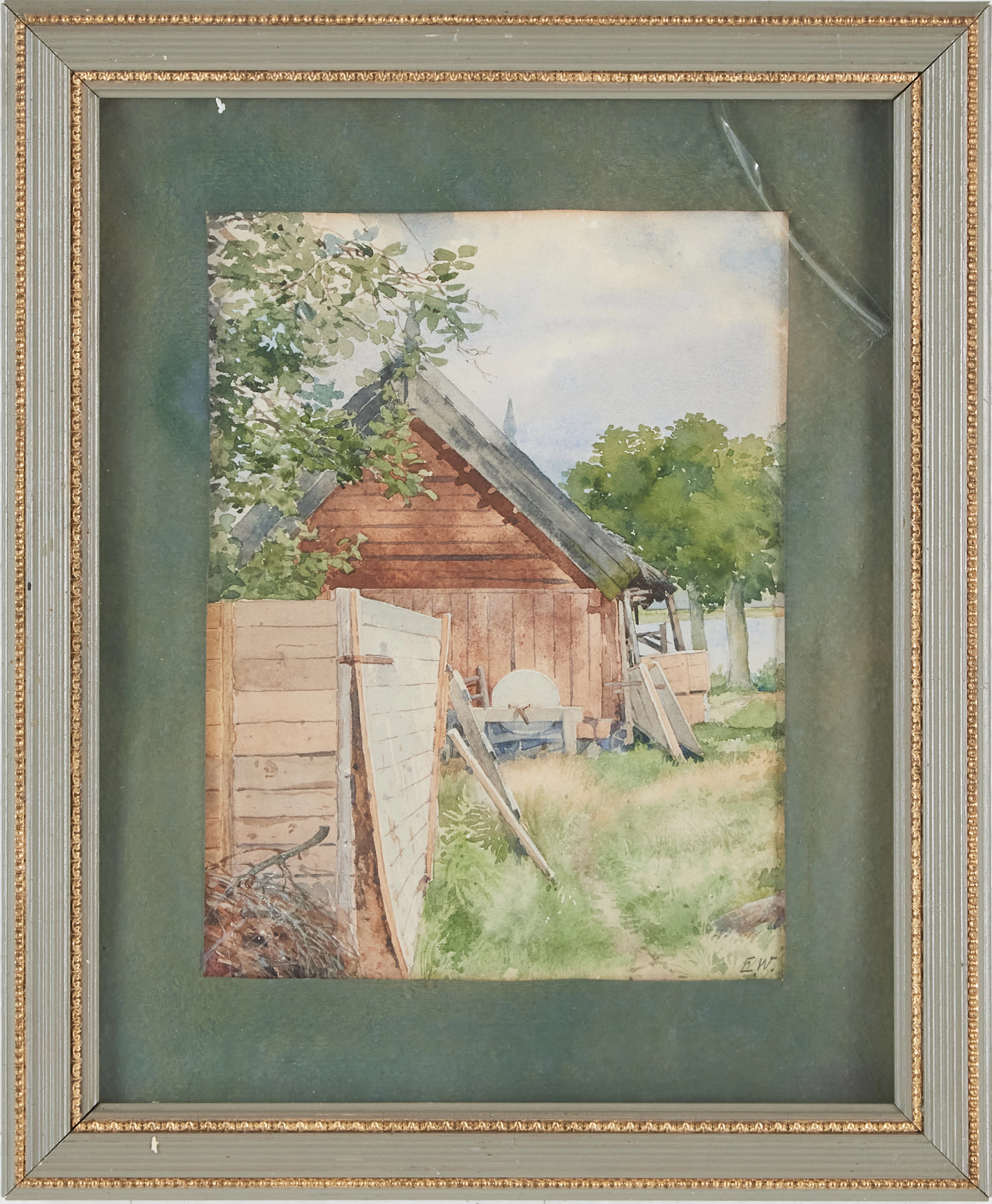 ELLA WALDENSTRÖM (1863–1955). Hus vid vatten, akvarell, signerad.