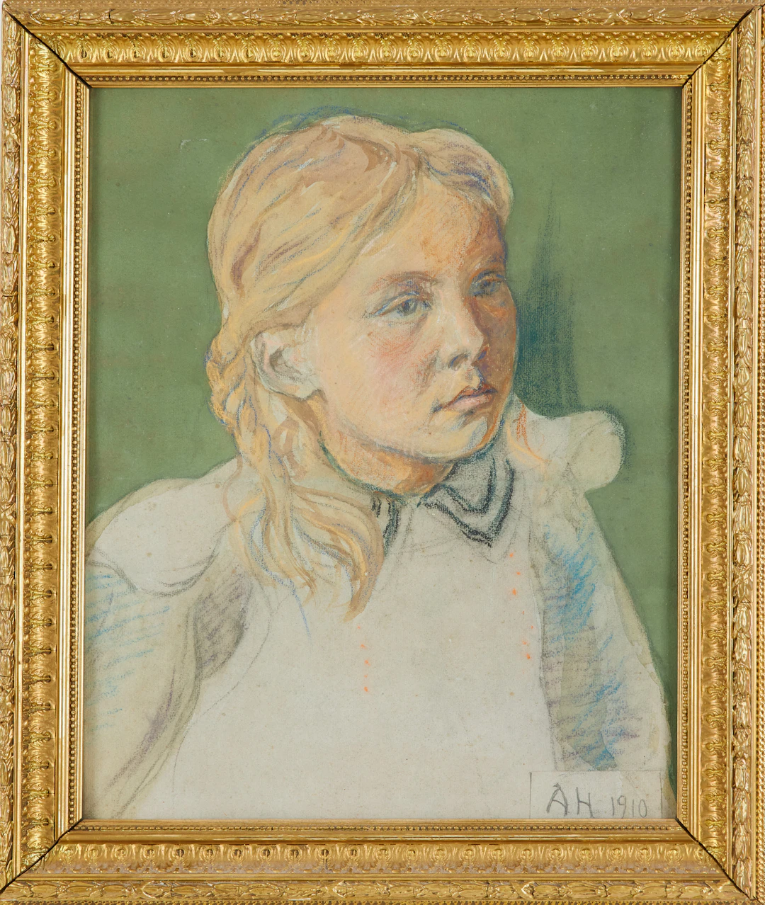 ALFRED HEDLUND. TILLSKRIVEN. Porträtt, blandteknik, monogramsignerad