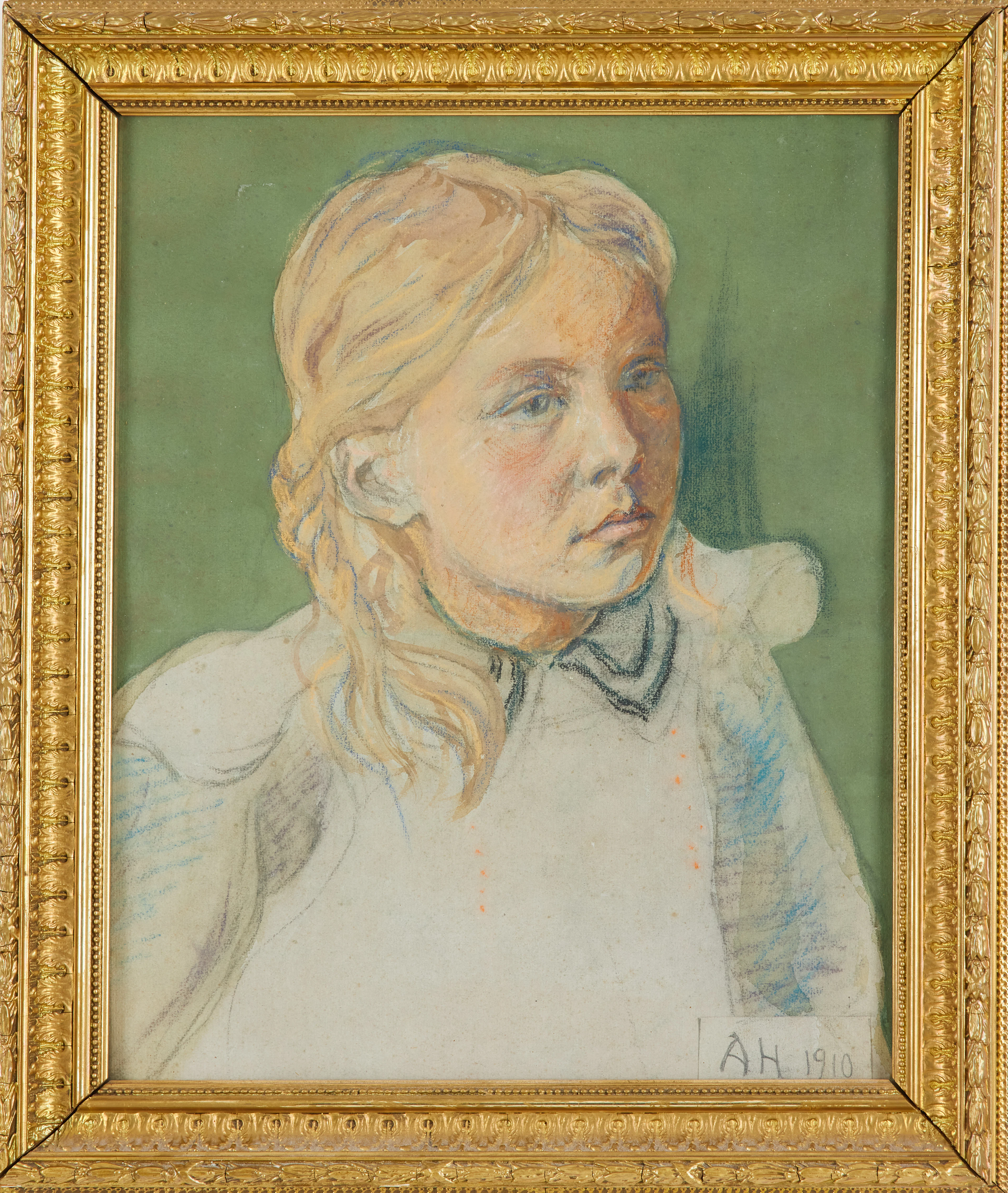ALFRED HEDLUND. TILLSKRIVEN. Porträtt, blandteknik, monogramsignerad