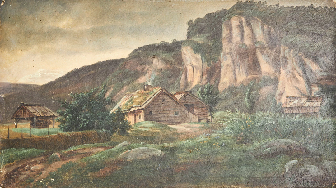 JACOB MATHIAS CALMEYER (1802-1883). Landskap med gårdsmotiv, olja på papper.