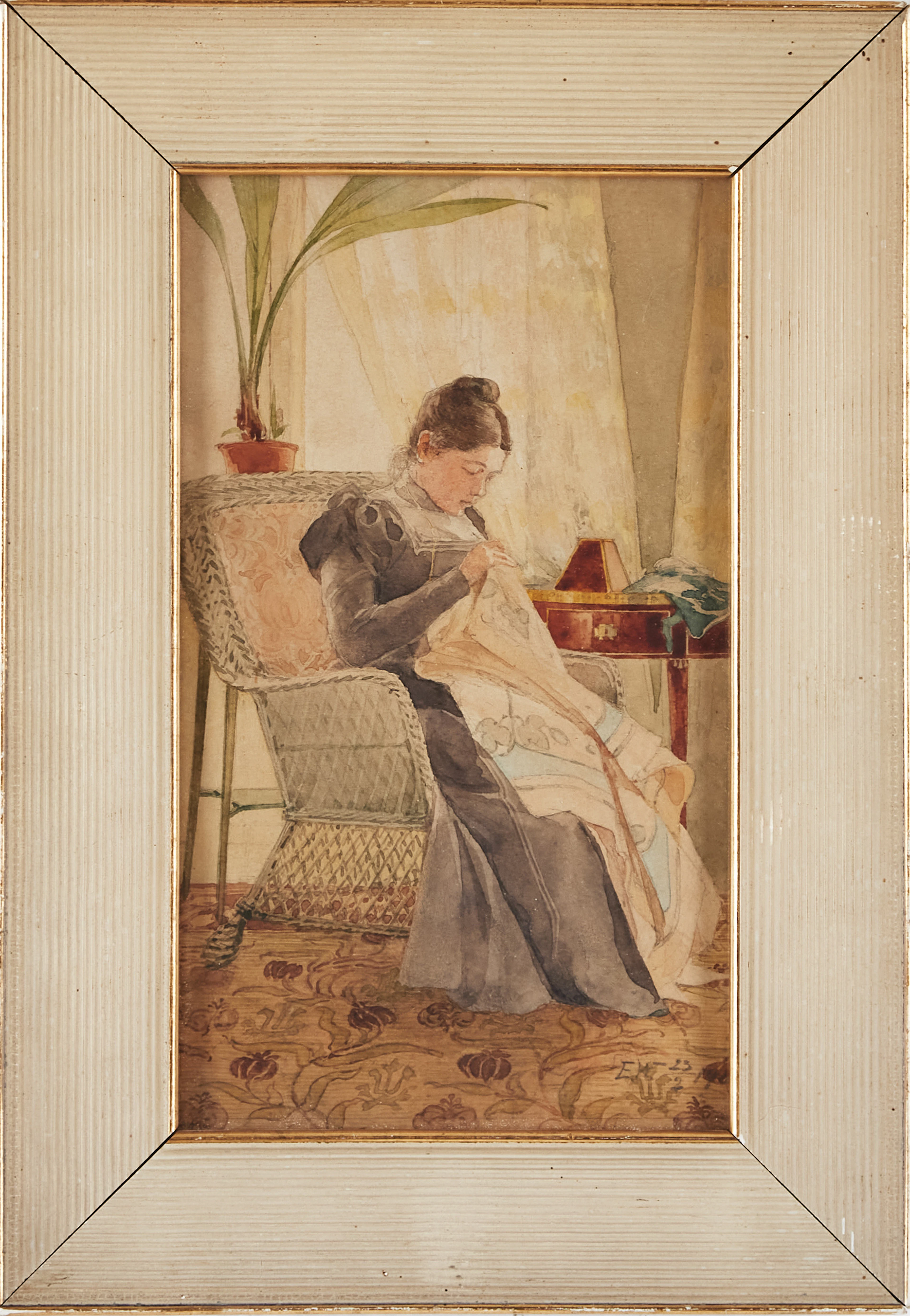 ELLA WALDENSTRÖM (1863-1955). Kvinna som syr, akvarell, signerad och daterad.