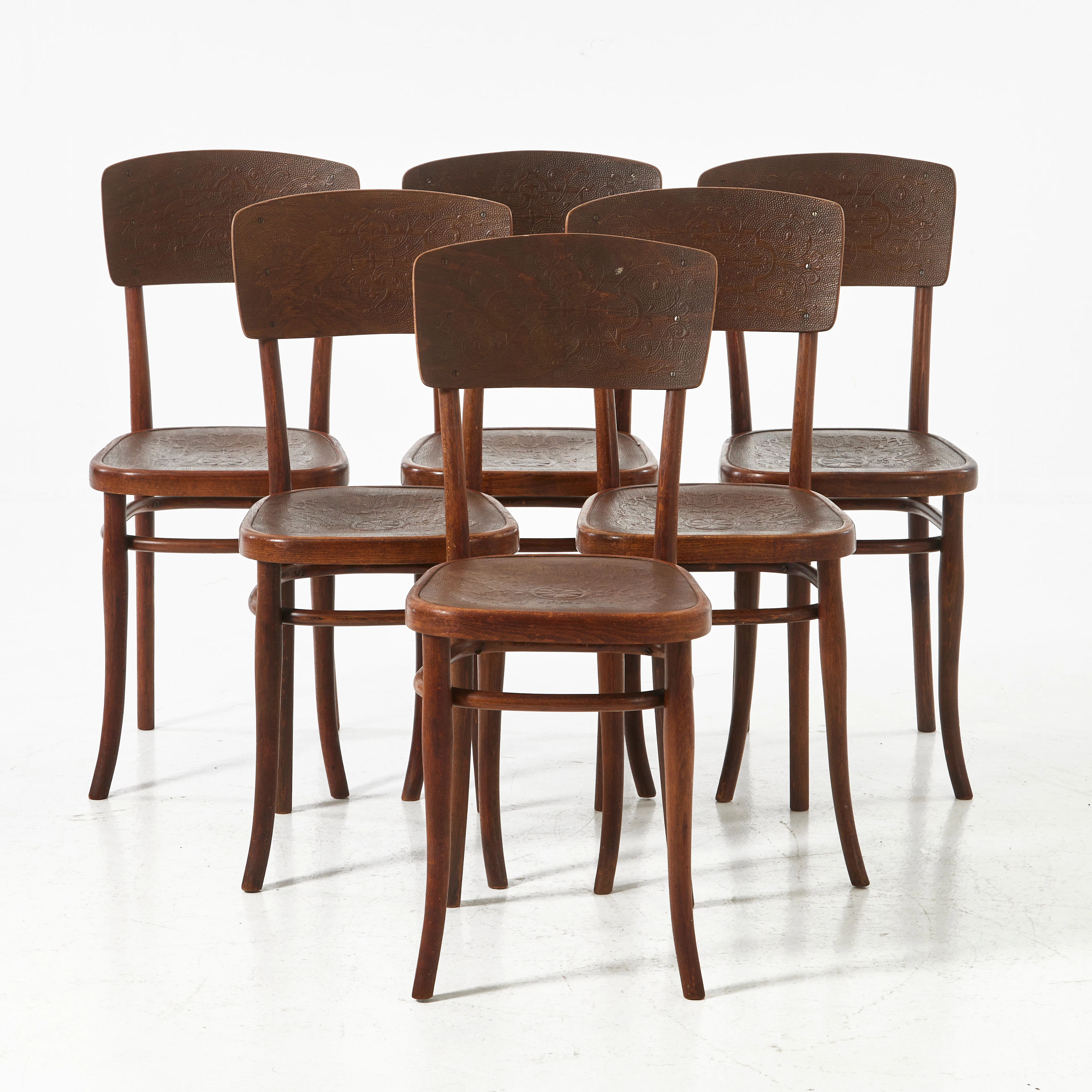 THONET, caféstolar, 6 st., modell 57, betsad bok, präglade sitsar