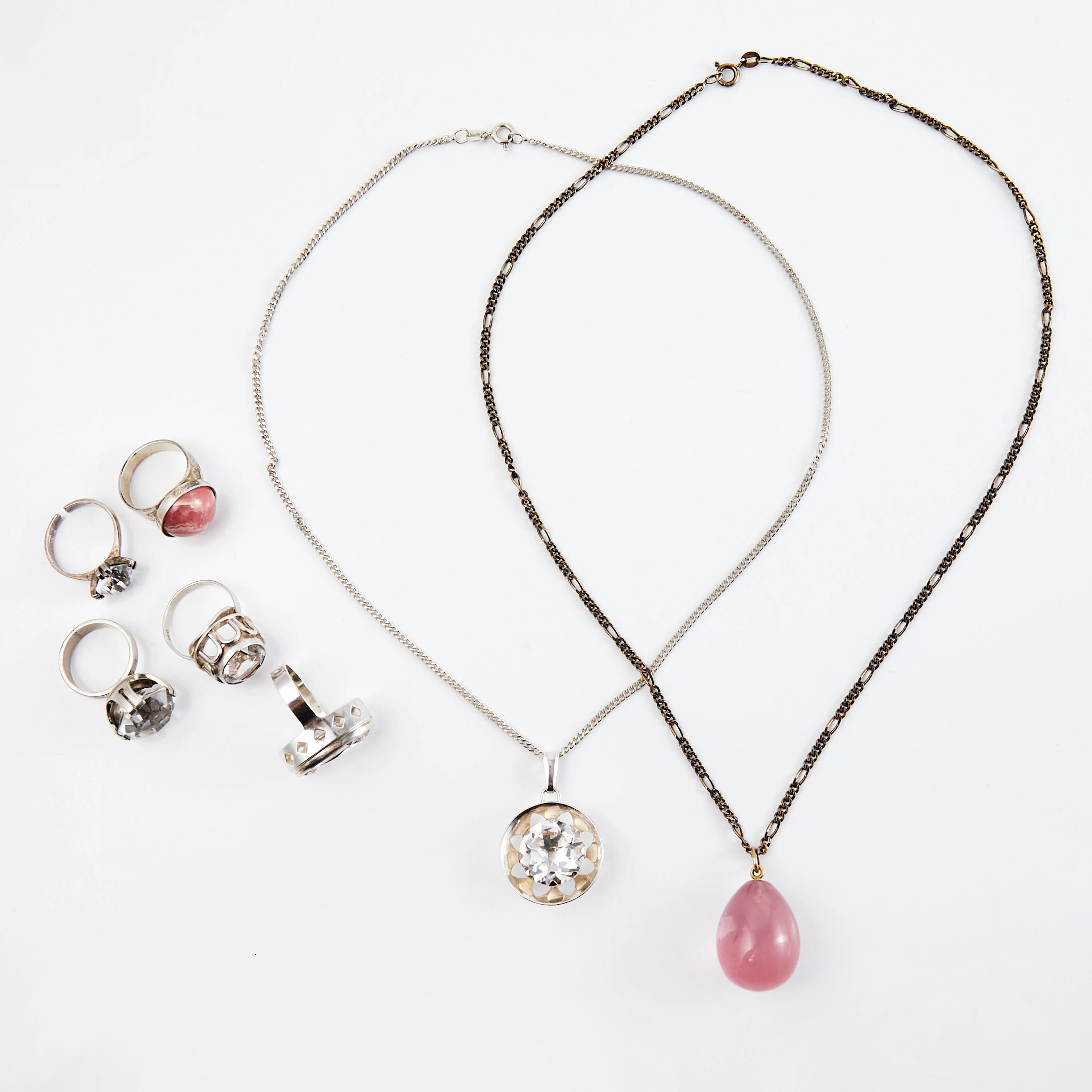 HALSBAND, 2 st, RINGAR, 5 st, silver, fasettslipade bergkristaller
