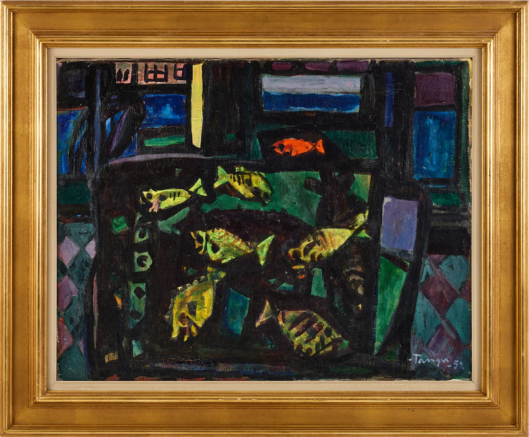 OLAF TANGEN (1903-1997). Stilleben med fiskar, olja på duk, signerad