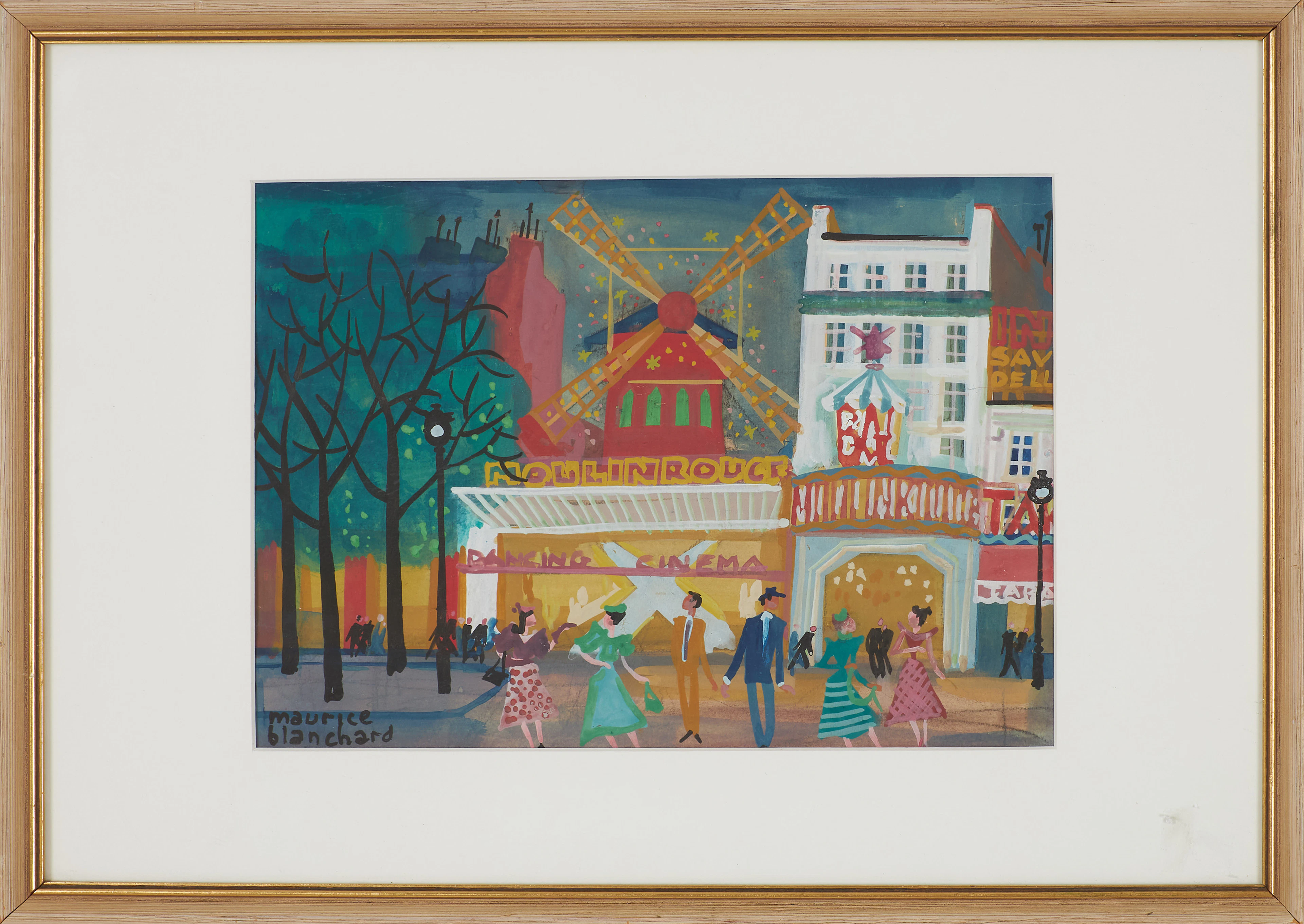 MAURICE BLANCHARD. Motiv av Moulin Rouge i Montmartre, Paris, gouache