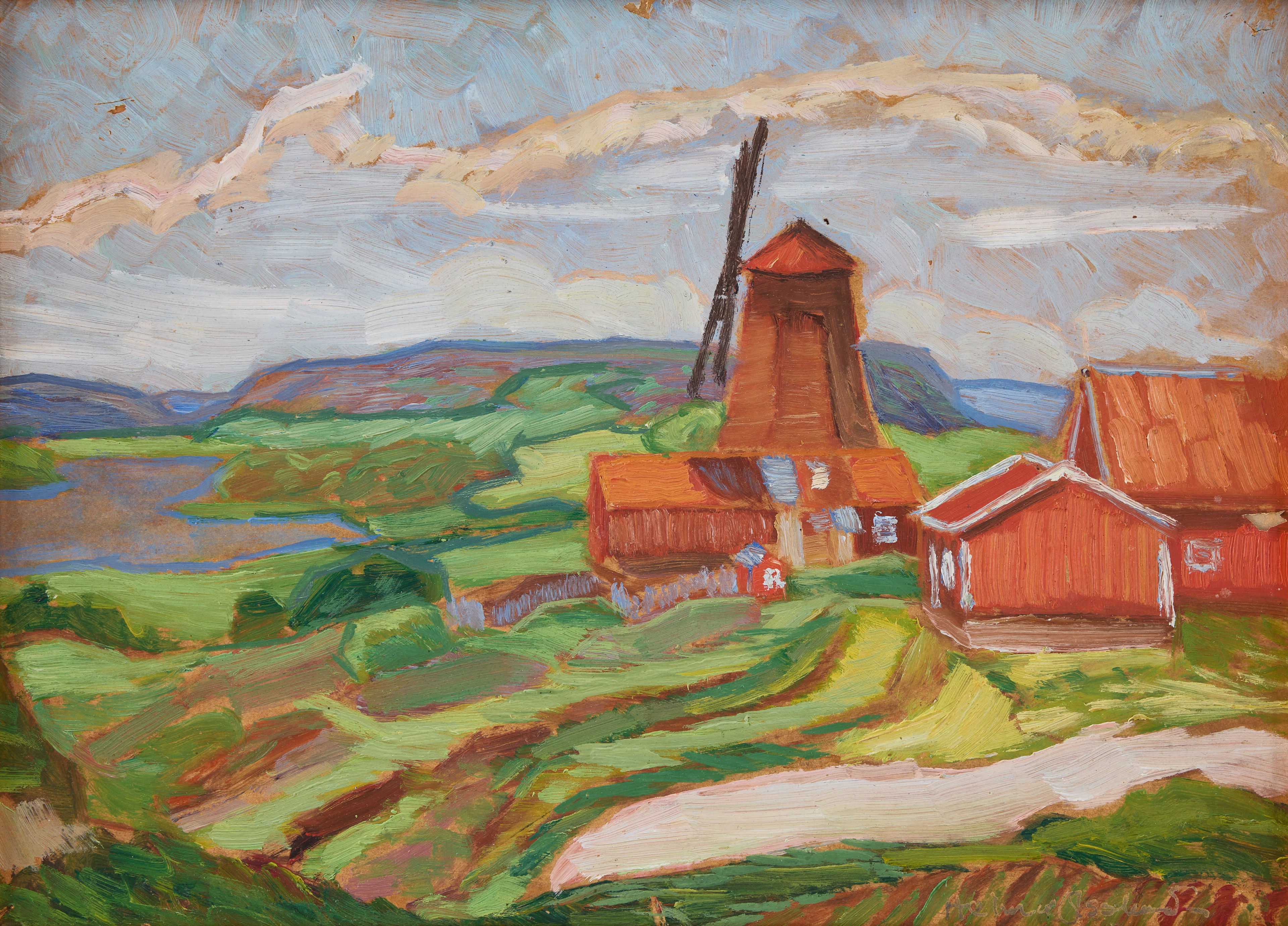 HELMER OSSLUND. Landskap med väderkvarn.