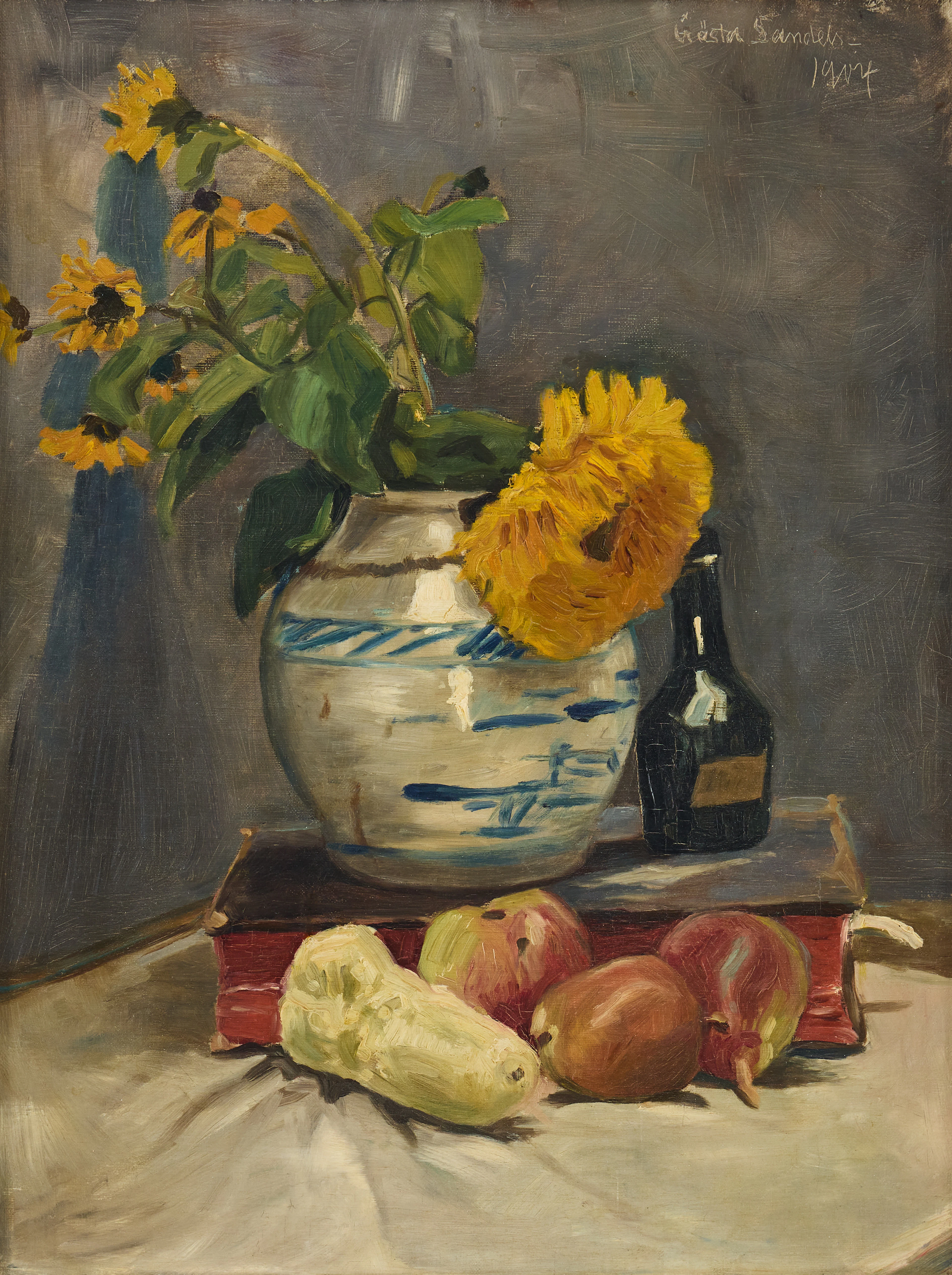 GÖSTA SANDELS. Stilleben med solrosor.