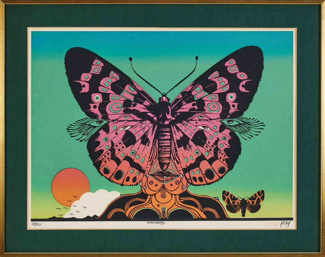 ARDY STRÜWER. "Miss butterfly", färglitografi.