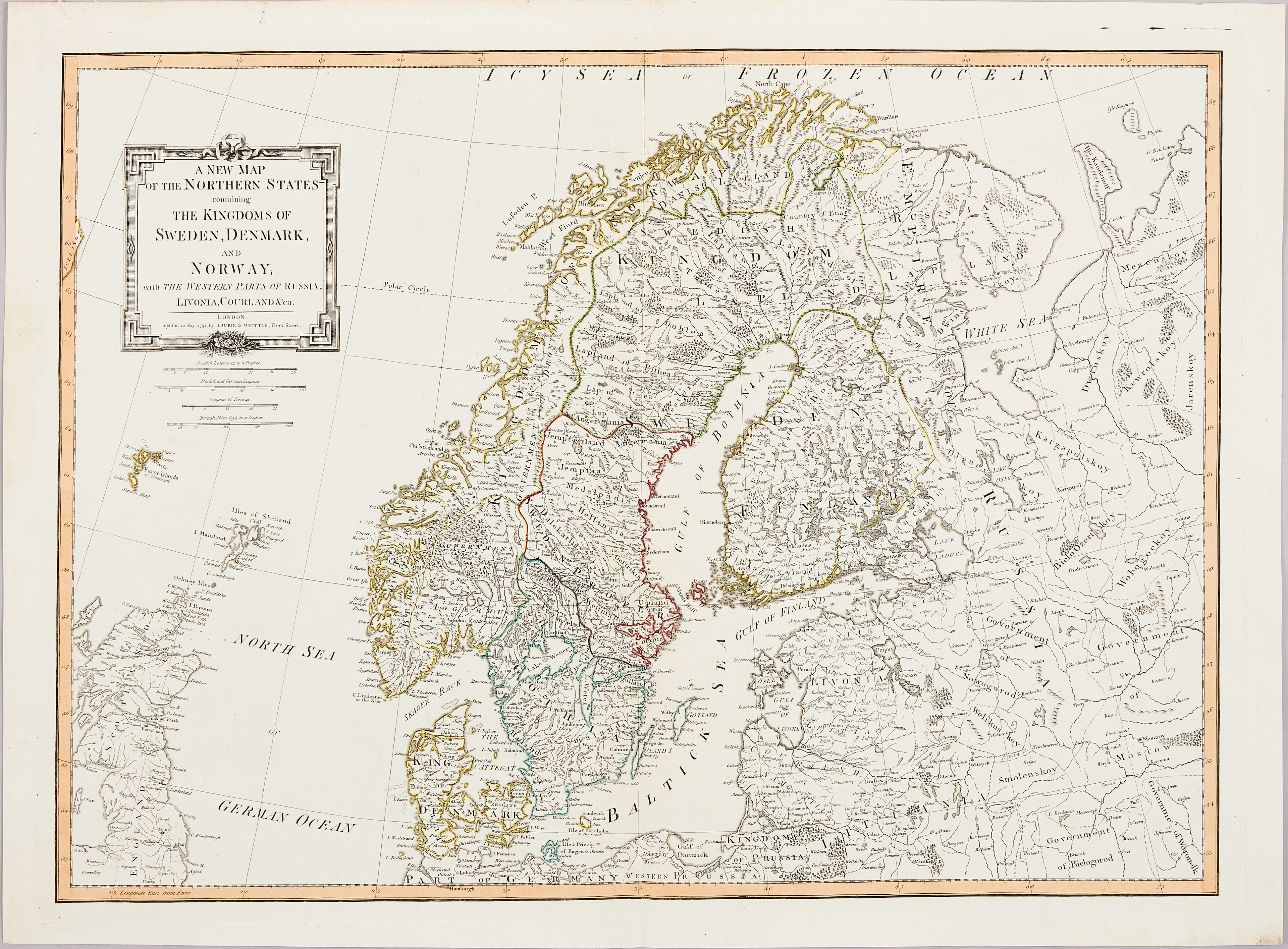KARTA ÖVER SKANDINAVIEN, LAURIE & WHITTLE, ca 1790.