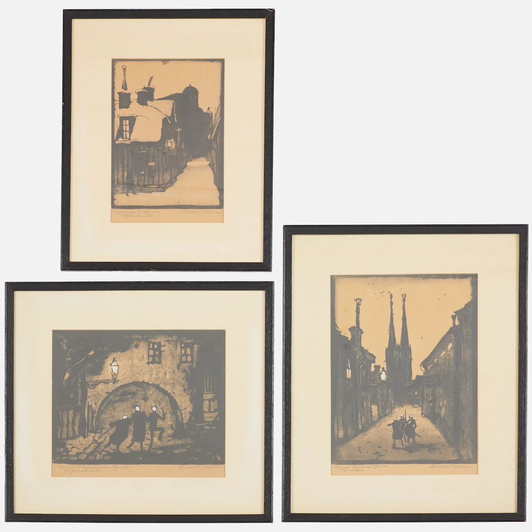 ERNST NILSSON. 3 st, grafiska blad, delvis bemålade, signerade och betitlade.