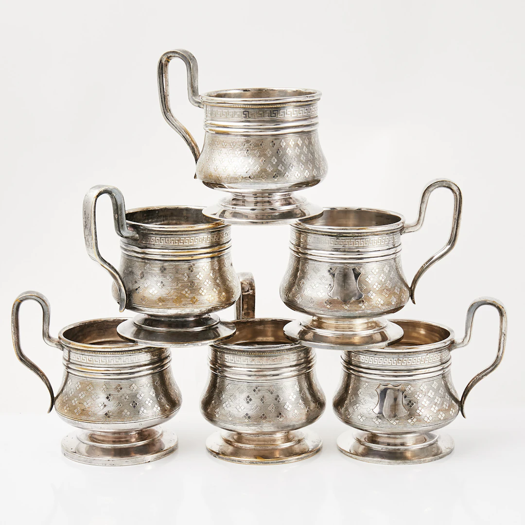 ORBLIN & CO. WARSAWA, 6 st tekoppshållare, galvanisk silverplätering, 1900-tal.
