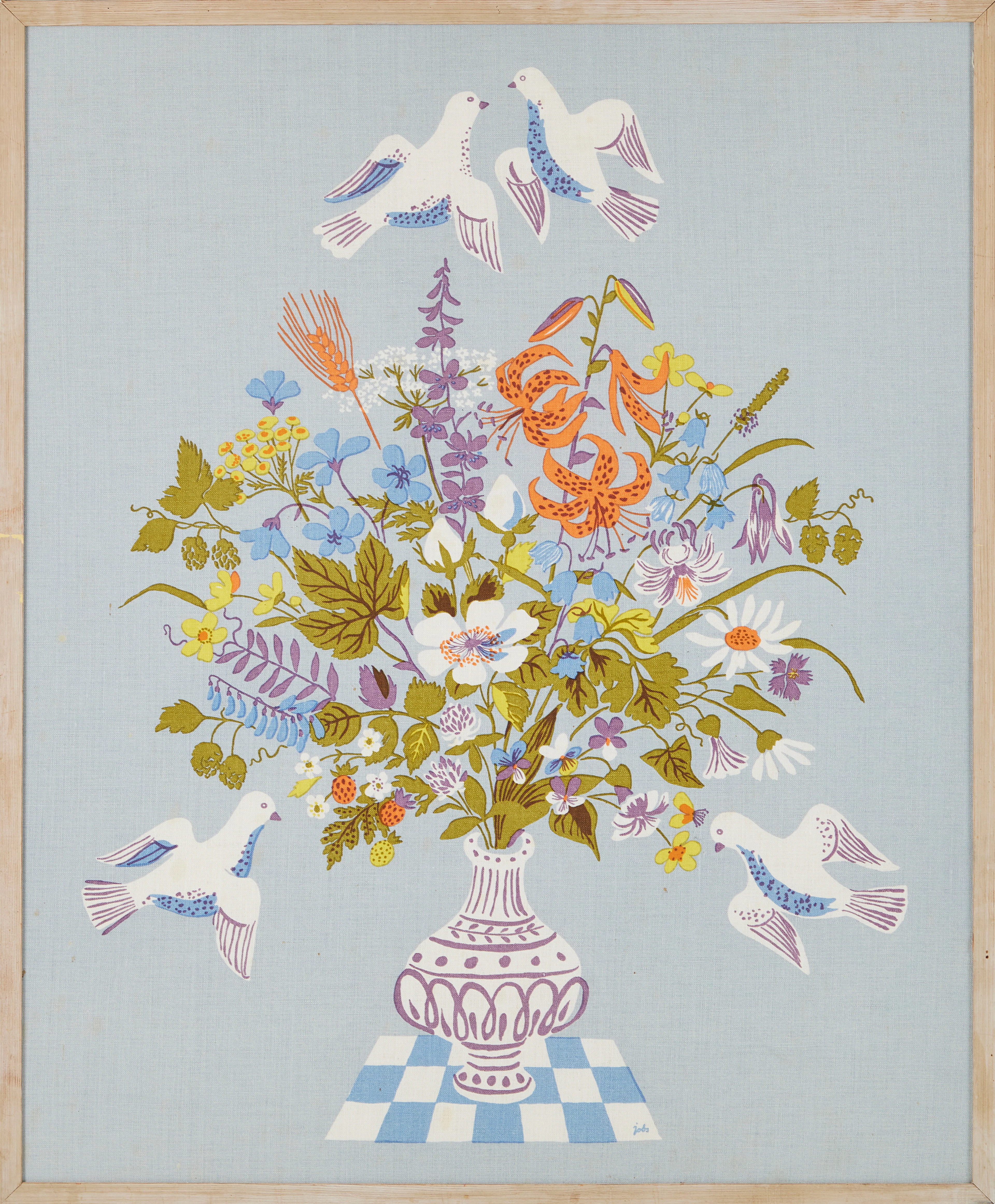 LISBET JOBS. Stilleben med blommor, tryckt på textil, signerad i trycket Jobs.