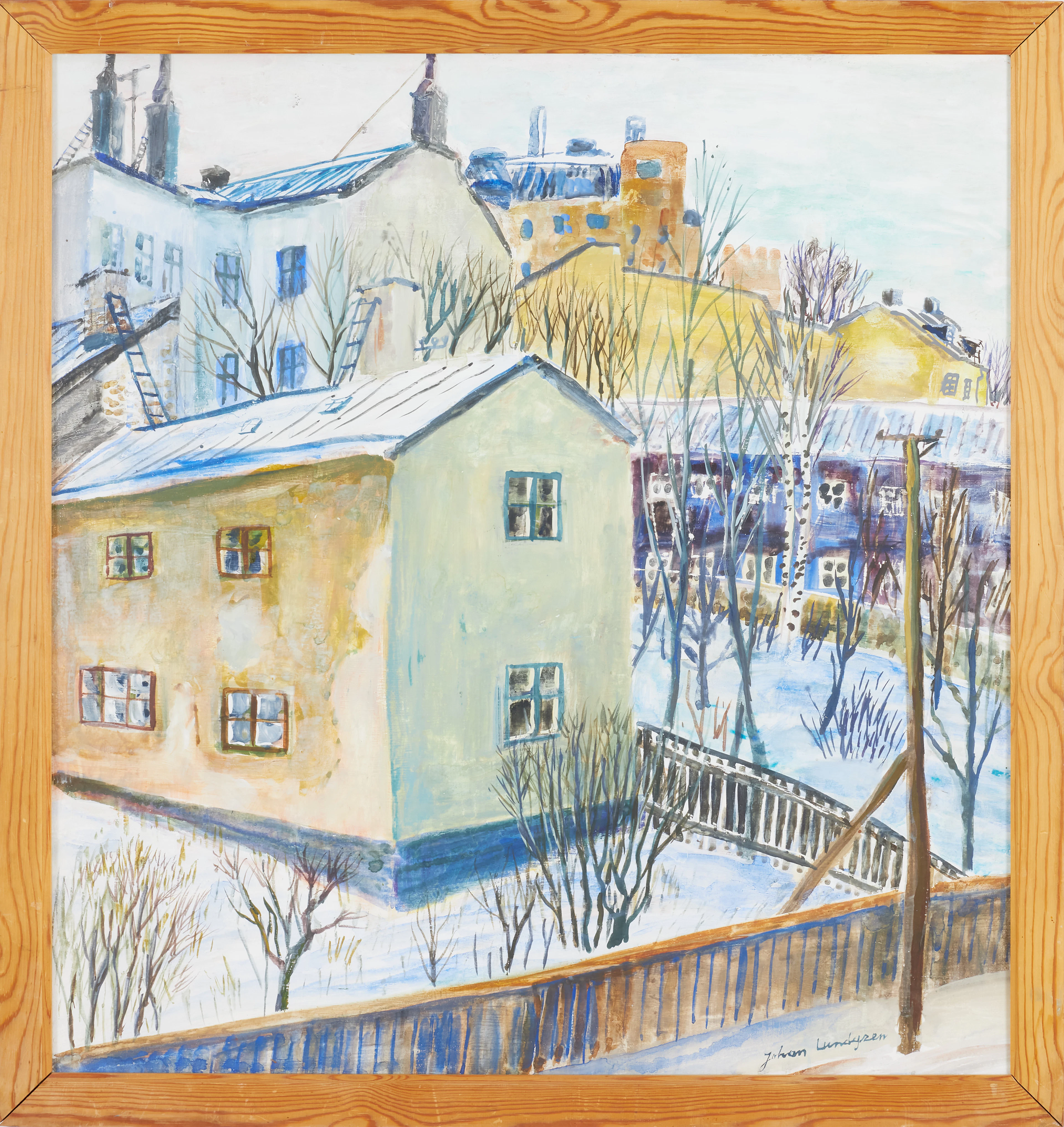 JOHAN LUNDGREN. Stadsbild, blandteknik på pannå, signerad.