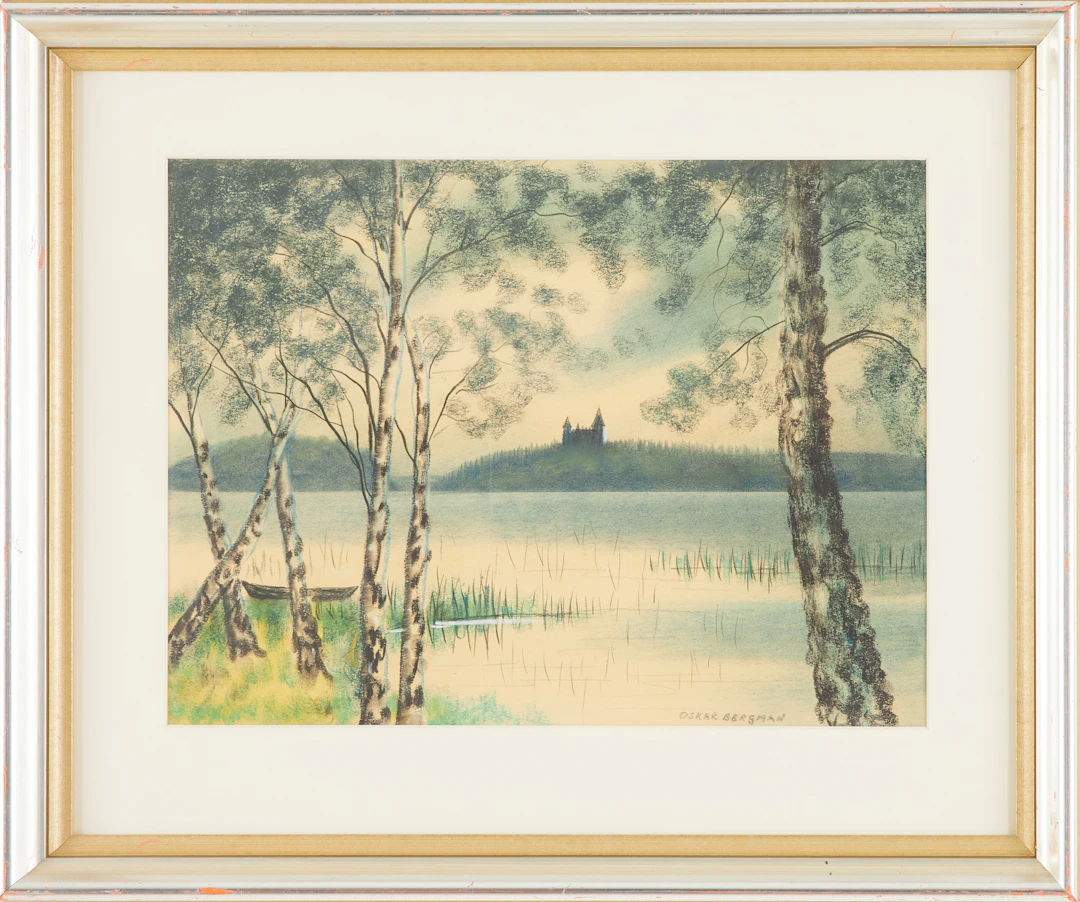 OSKAR BERGMAN. Sjö med slott i bakgrunden, färgkrita pastell på papper