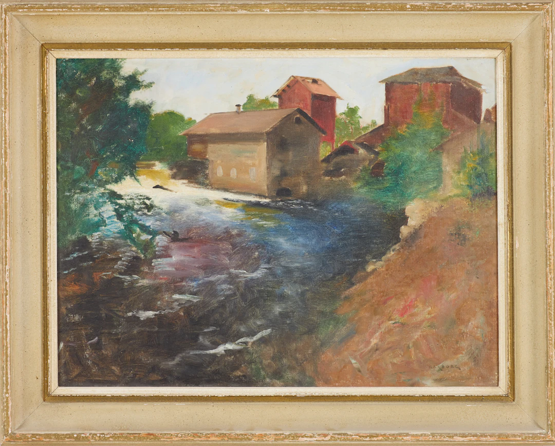AUGUST HAGBORG. Gårdsmotiv vid forsande å, olja på duk, signerad Hagborg.
