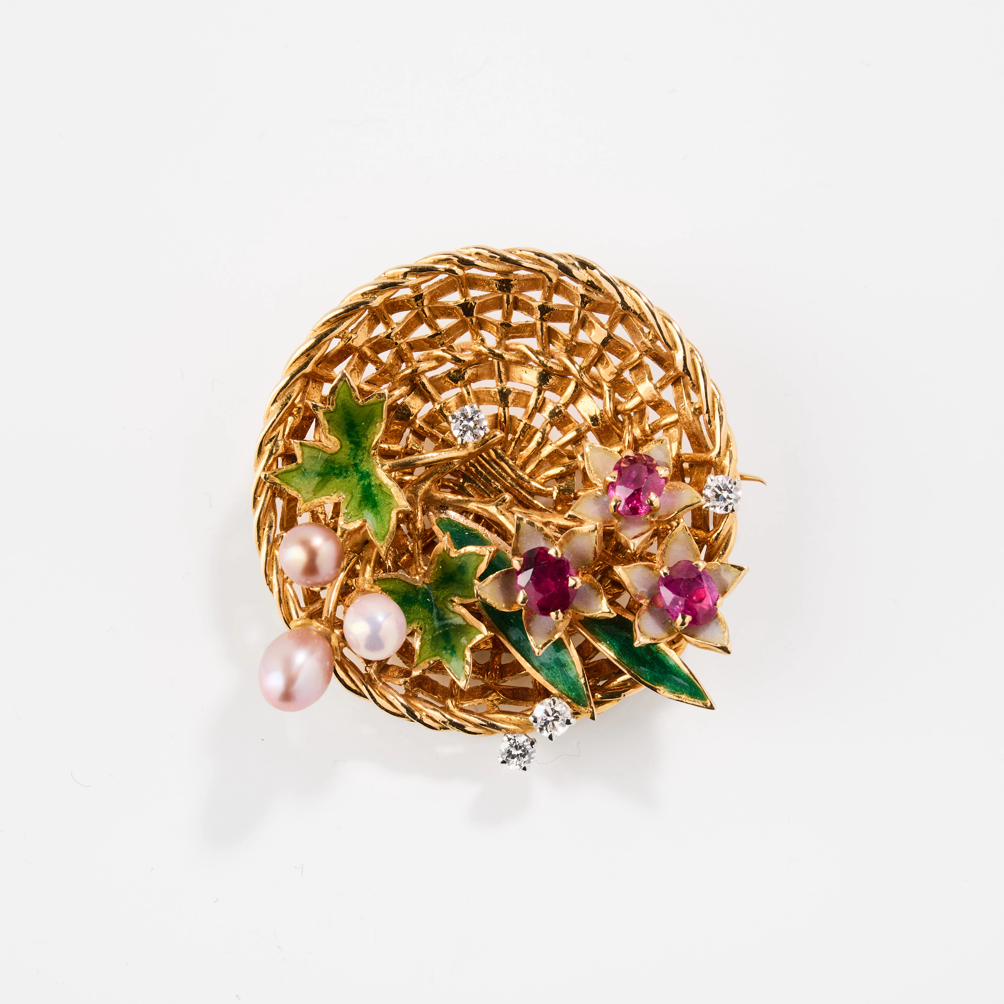 W.A. BOLIN. Brosch, 18K guld, emalj, pärlor och diamanter, Barbro