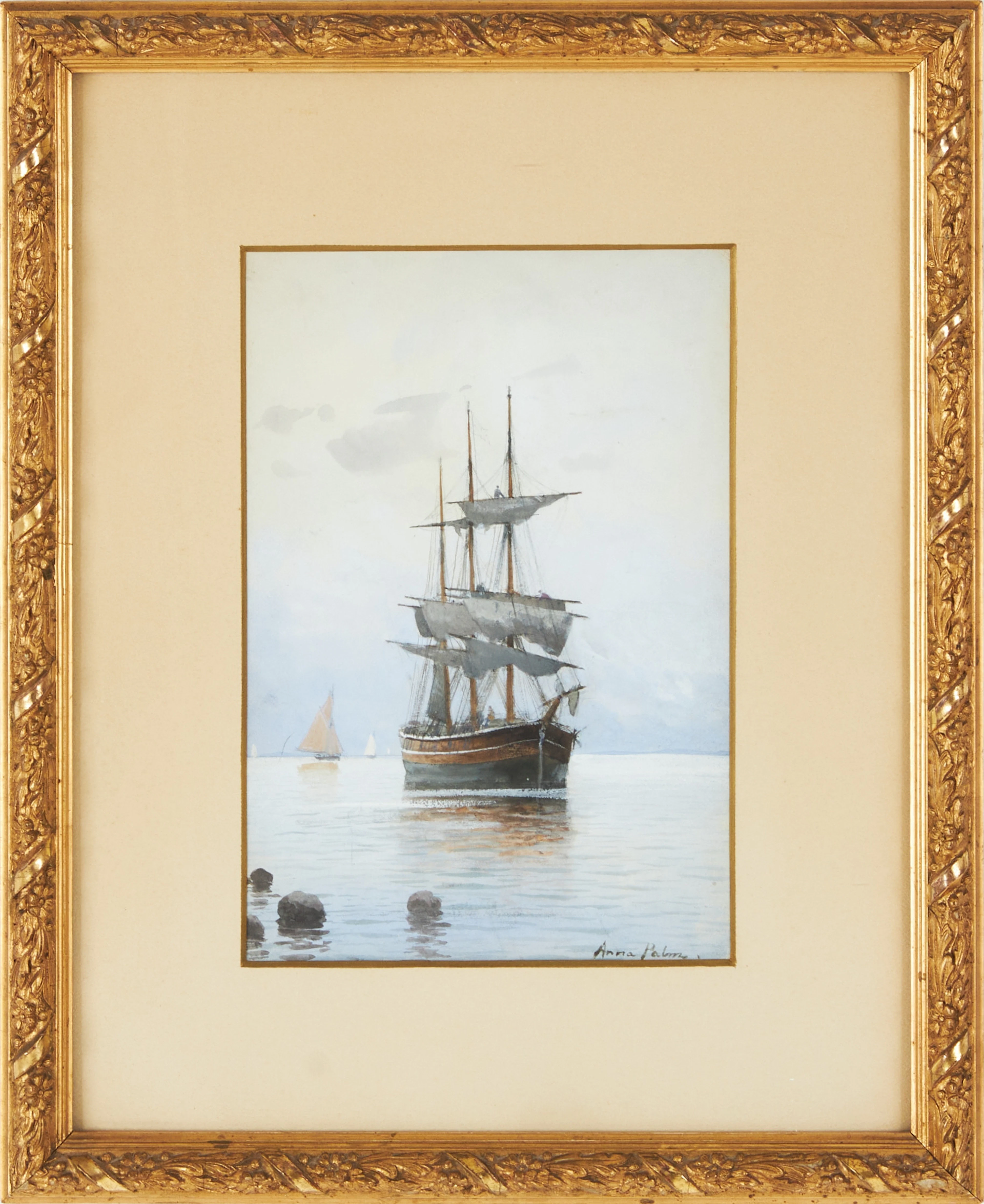 ANNA PALM DE ROSA (1859-1924). Skeppsmotiv, gouache.