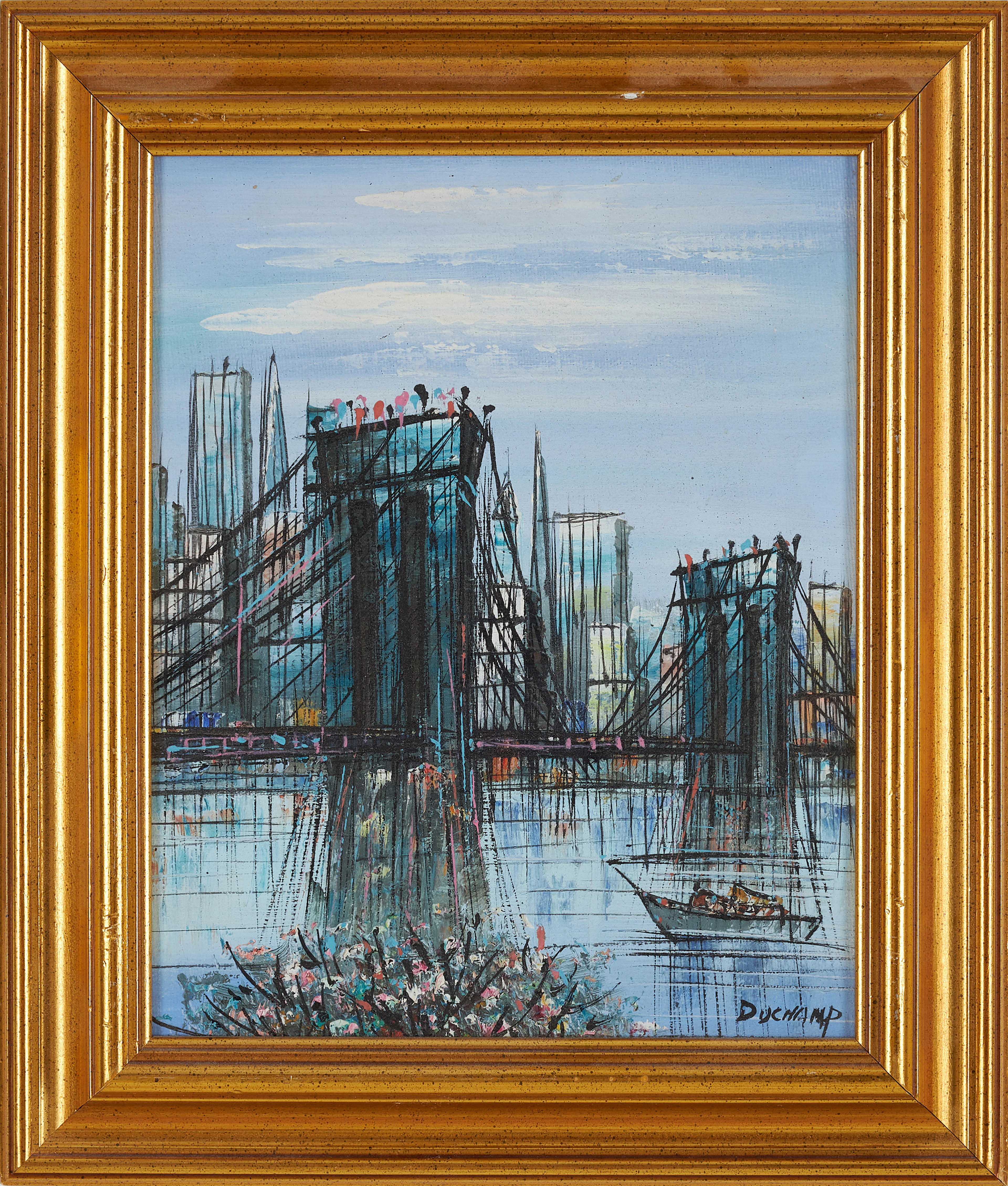 SUZANNE DUCHAMP. Brooklyn Bridge, olja på duk, signerad.