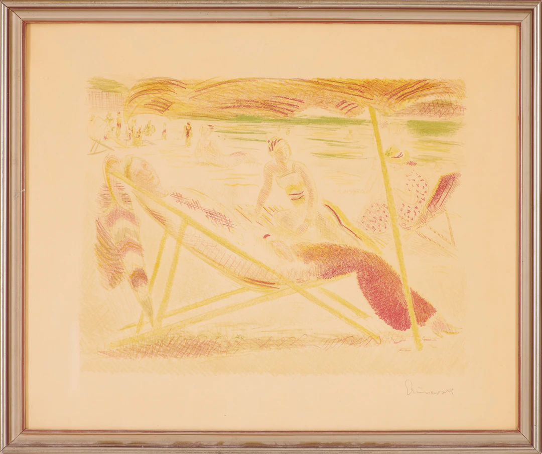 ISAAC GRÜNEWALD. Från Alassios badstrand, färglitografi, signerad blyerts.