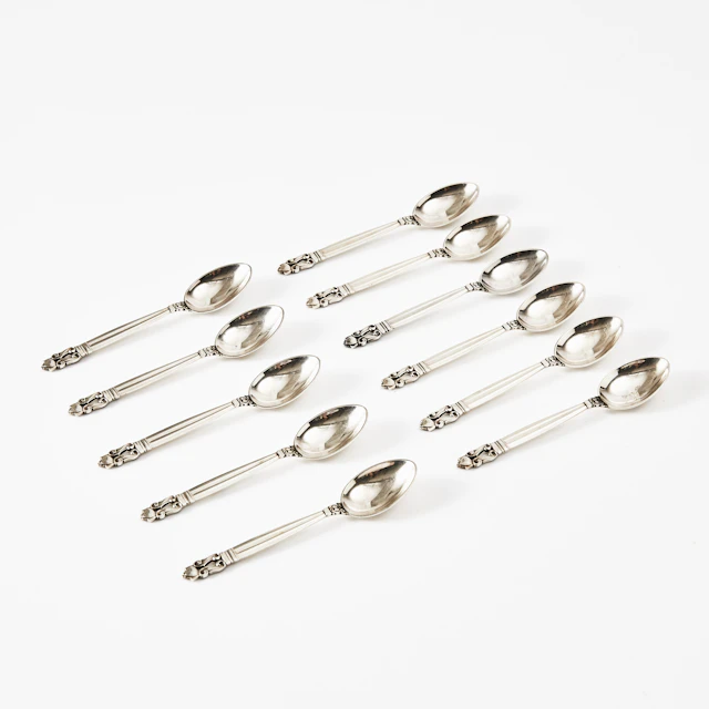 GEORG JENSEN. Kaffeskedar, 11 st, "Konge", Johan Rohde, sterlingsilver