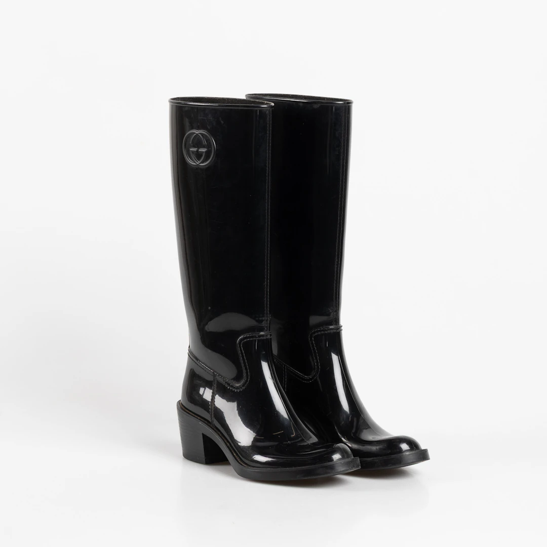 GUCCI, Gummistövlar," Wellington Black Rain Boots", storlek 36.