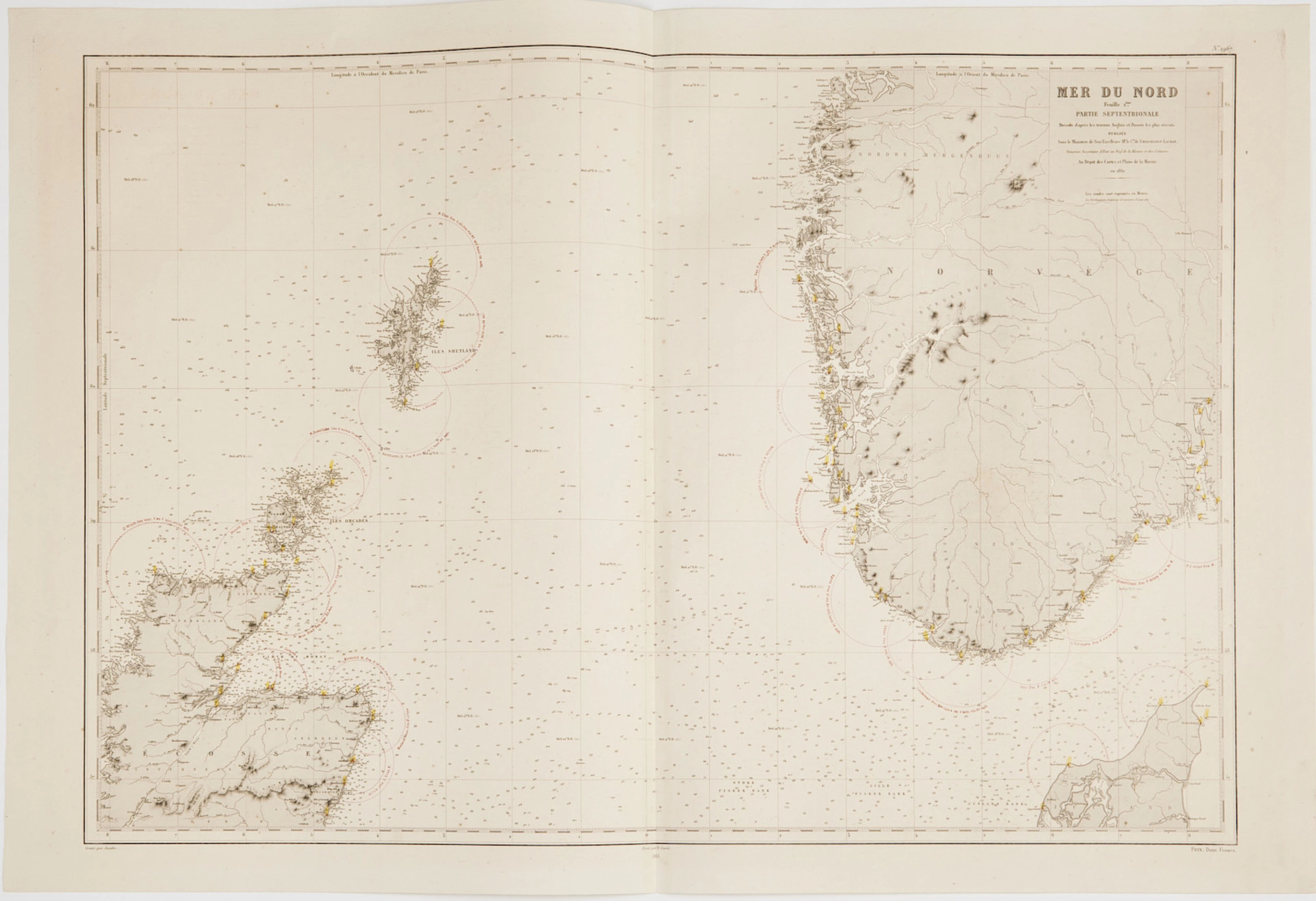 SJÖKORT 1862, NORDSJÖN MED NORGE OCH SKOTTLAND, DEPOT DE LA MARINE.