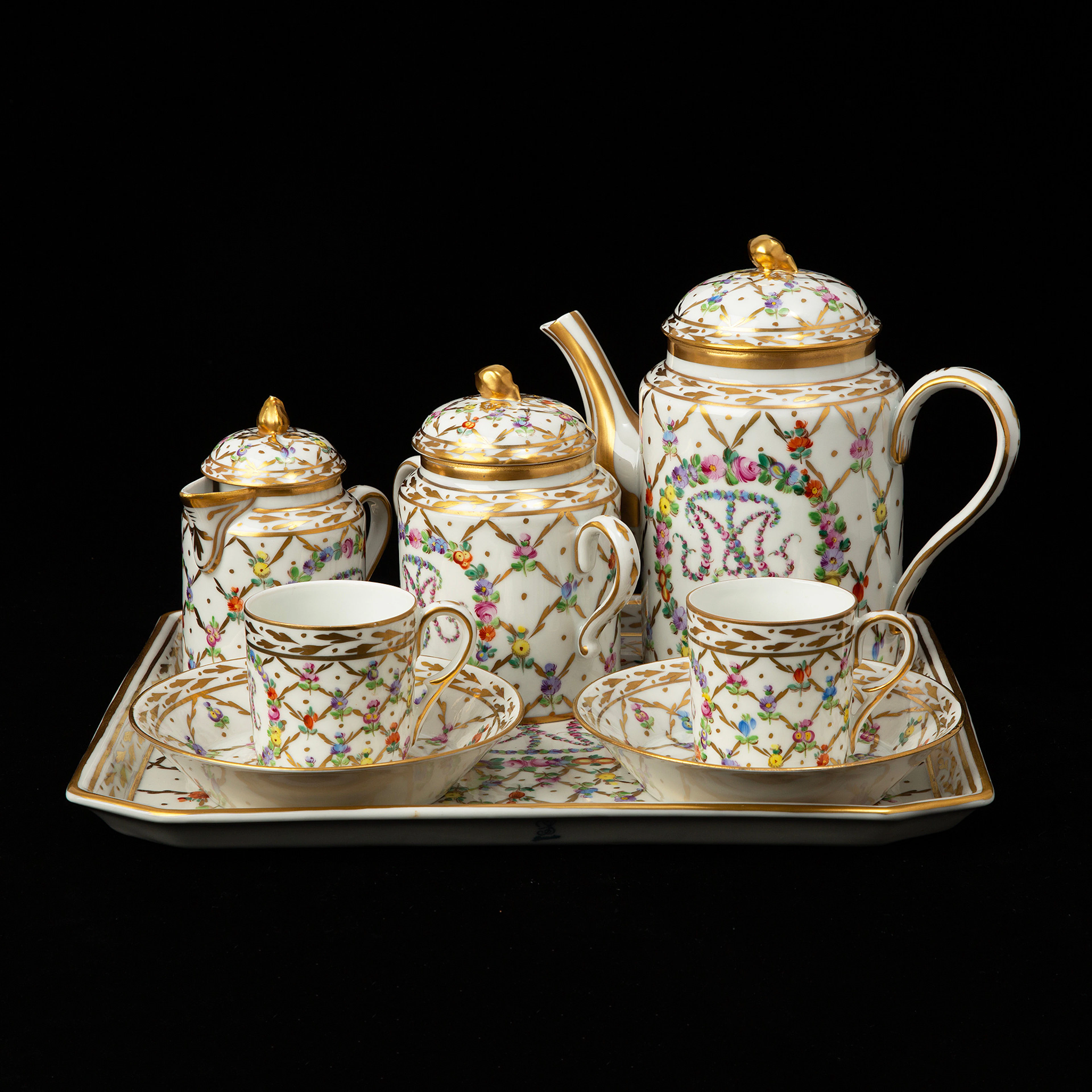 FRUKOSTSERVIS, Tête à tête, 6 delar, porslin, Dresden, 18/1900-tal.