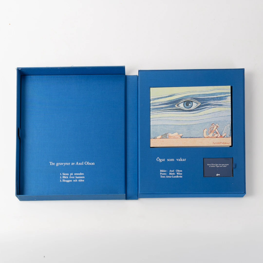 AXEL OLSON. Grafikmapp, "Ögat som vakar", 1981. Inneållande 3 st gravyrer