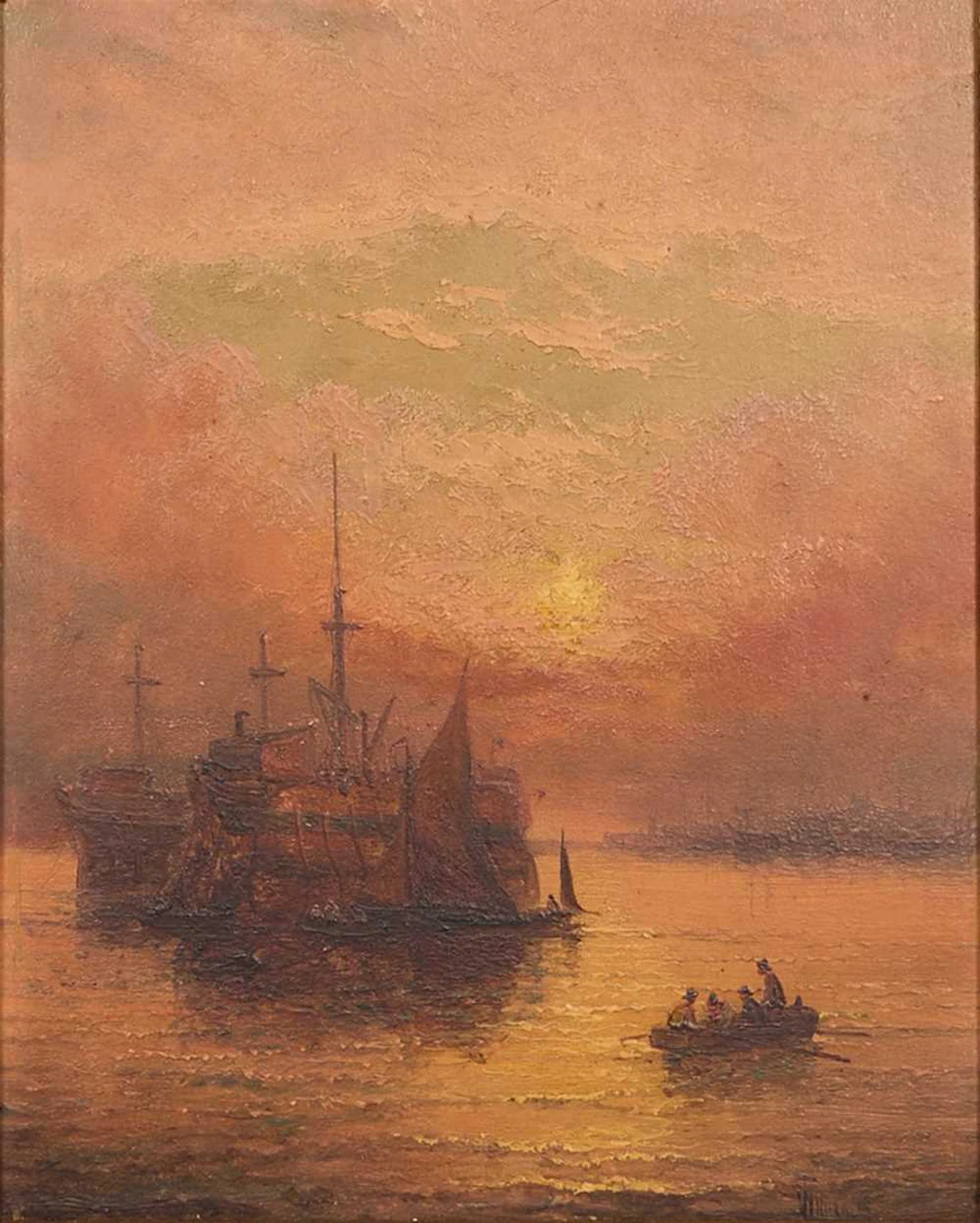 William Thornley (fl.1858-1898) Shipping at sunset