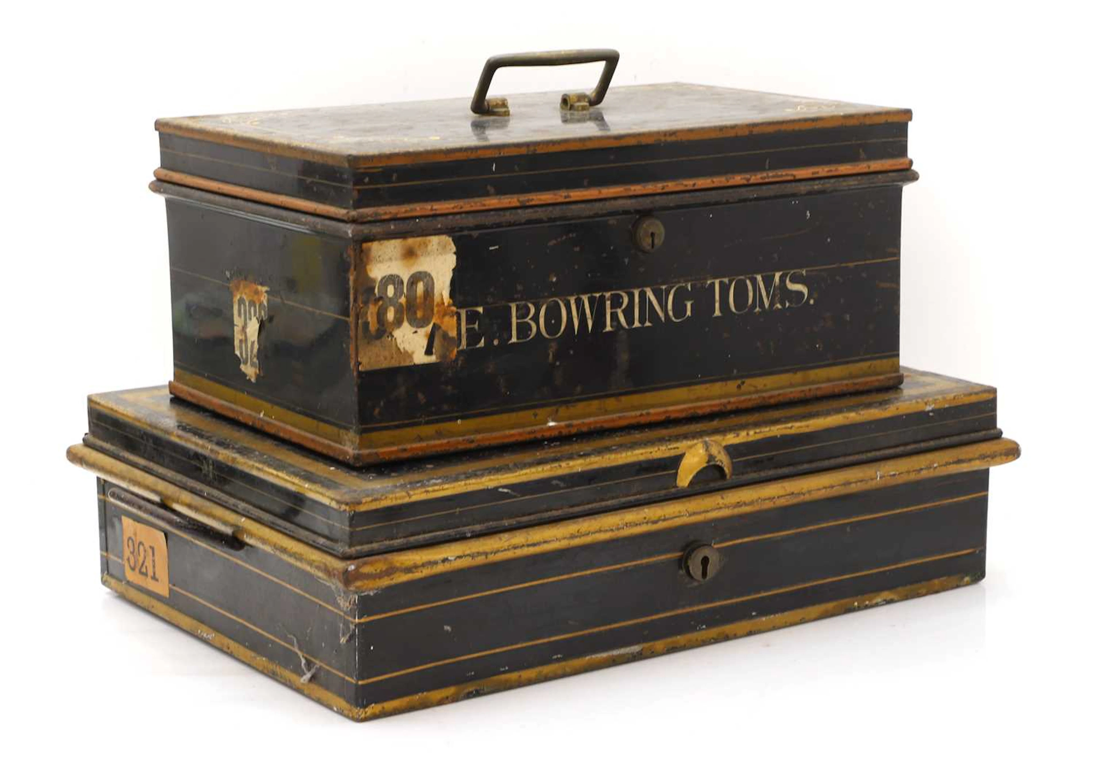 A collection of three toleware deed boxes