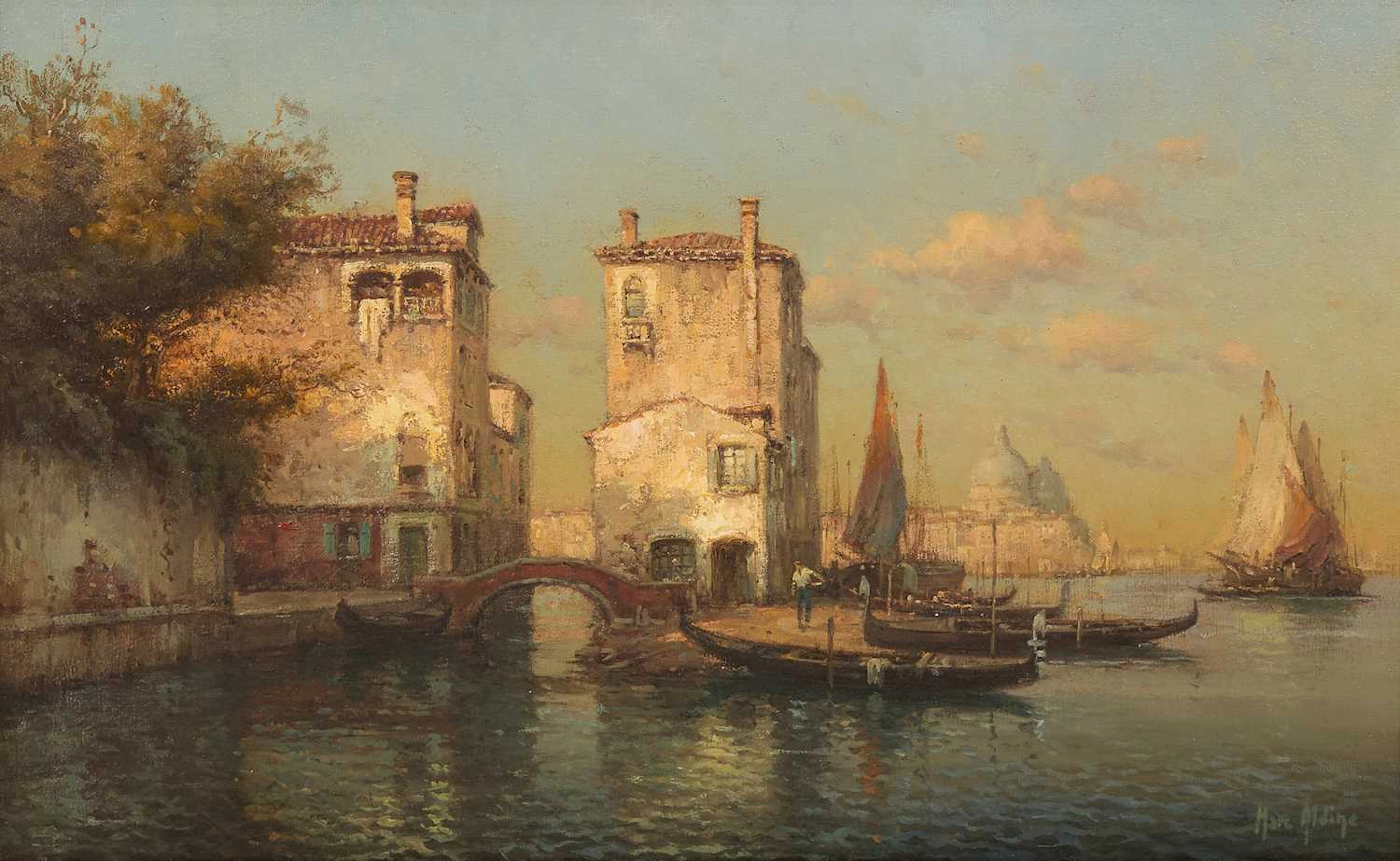 Marc Aldine (20th century) Gondolas on a Venetian canal
