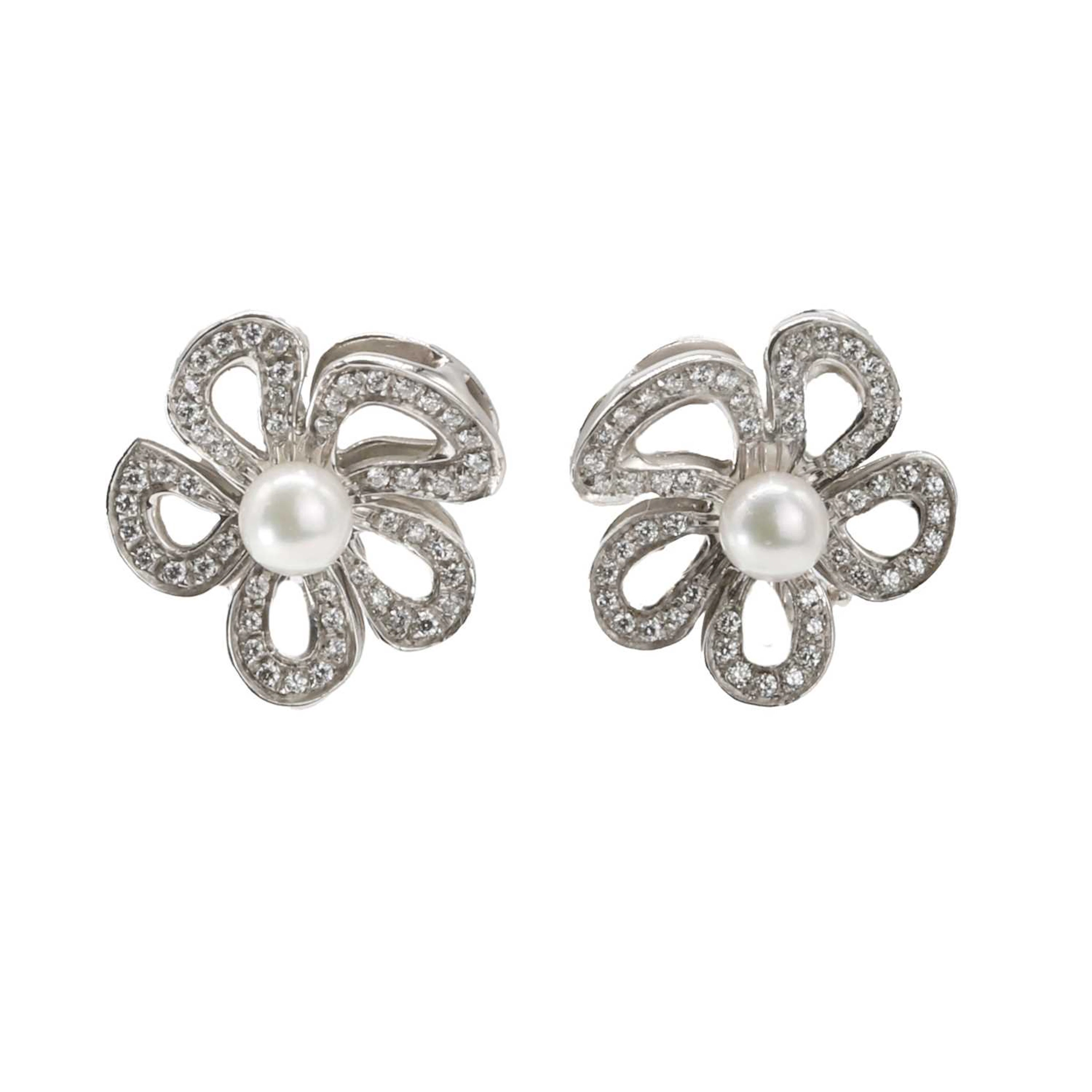 A pair of 18ct white gold pearl and diamond earrings, by Mappin & Webb